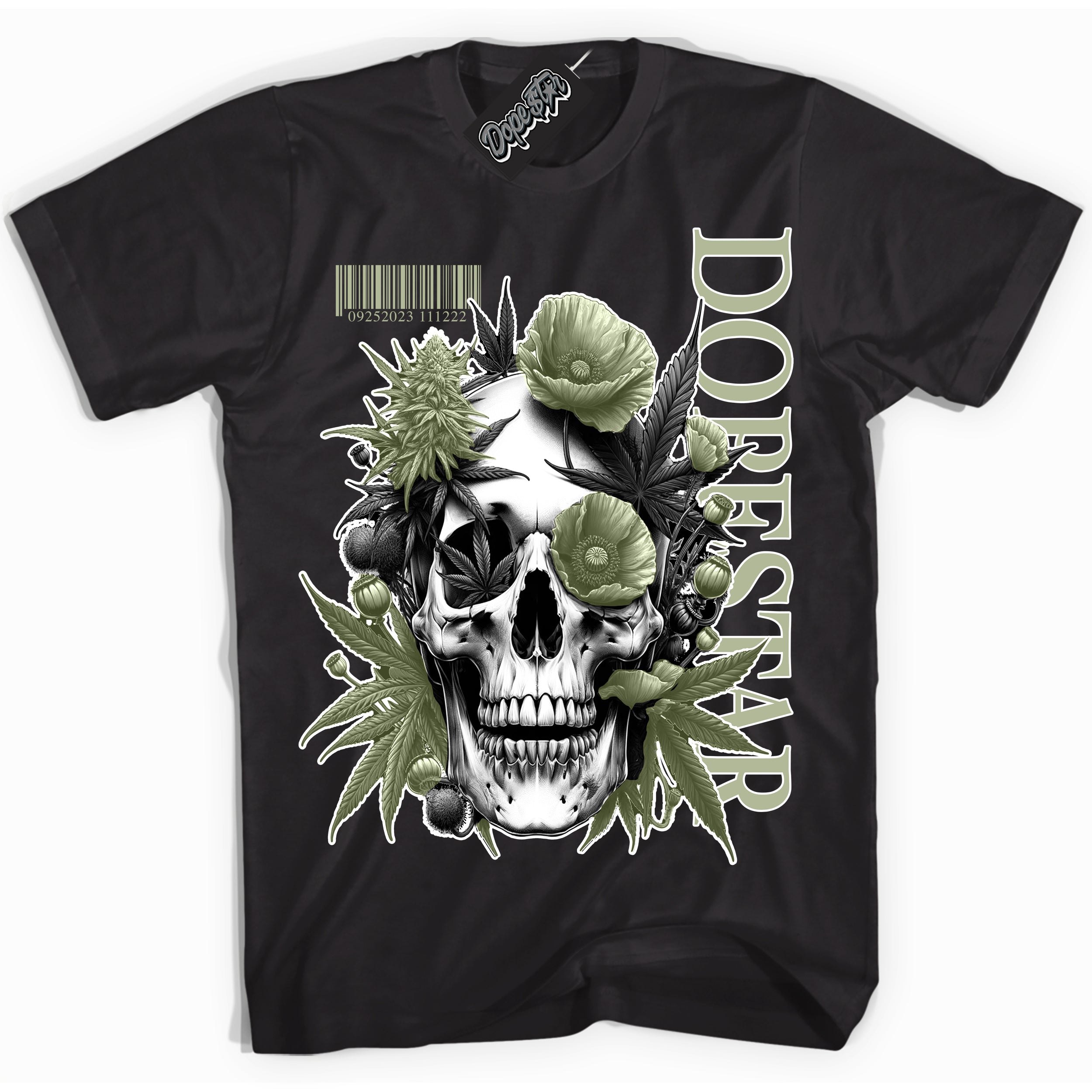 Cool Black Shirt with “ Skull Poppies” design that perfectly matches Next Nature Olive Aura Sneakers.