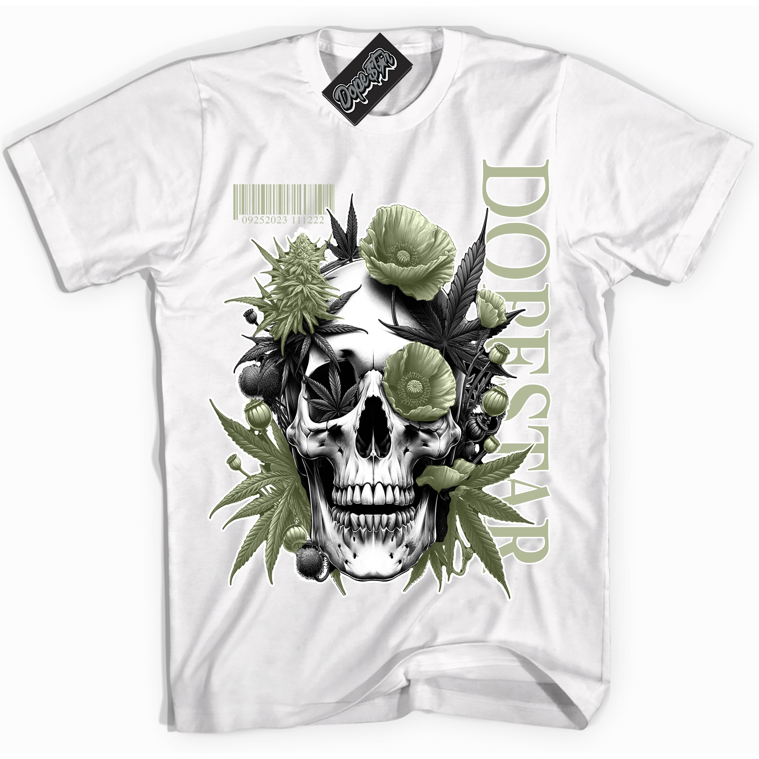 Cool White Shirt with “ Skull Poppies” design that perfectly matches Next Nature Olive Aura Sneakers.