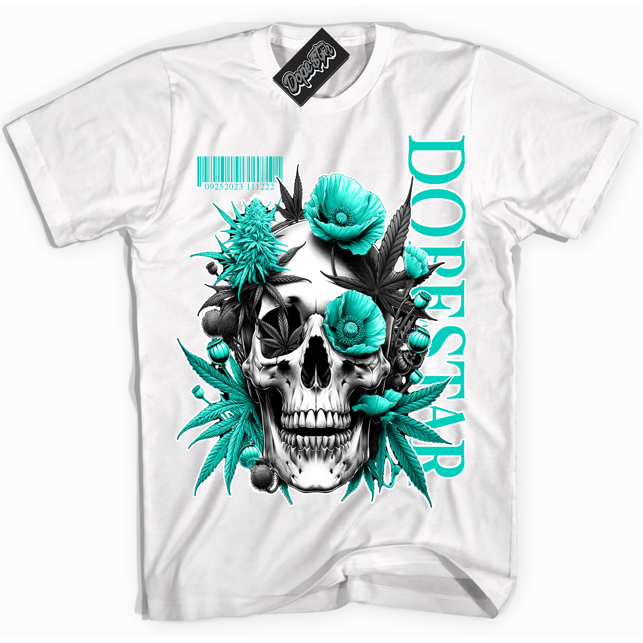 Cool White Shirt with “ Skull Poppies” design that perfectly matches Clear Jade Sneakers.