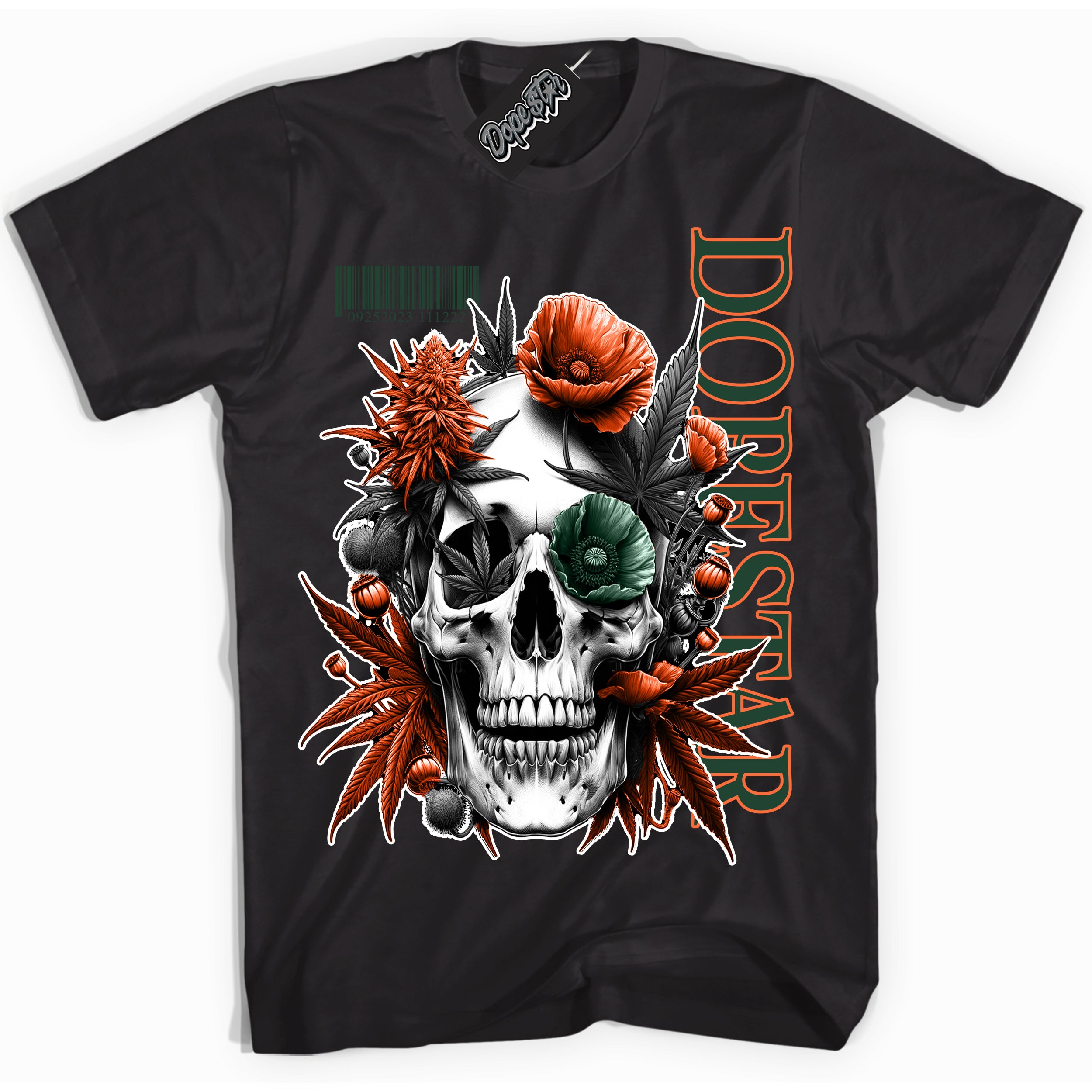 Cool Black Shirt with “ Skull Poppies” design that perfectly matches Miami Hurricanes Sneakers.