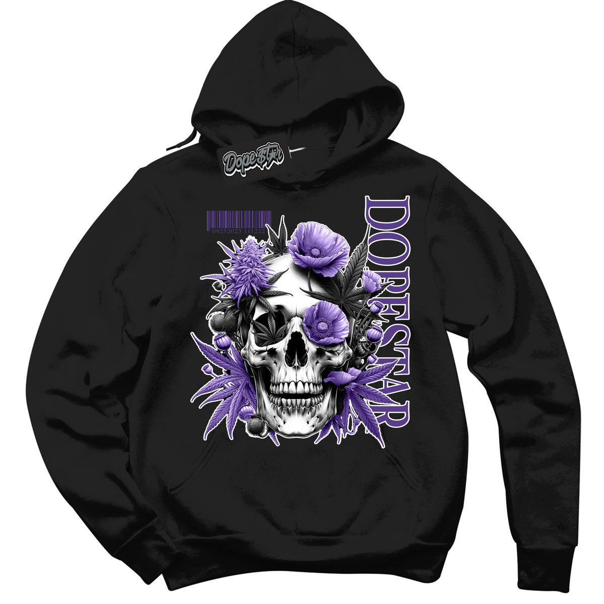 Cool Black Hoodie with “ Skull Poppies ”  design that Perfectly Matches Protro Court Purple 8s Sneakers.