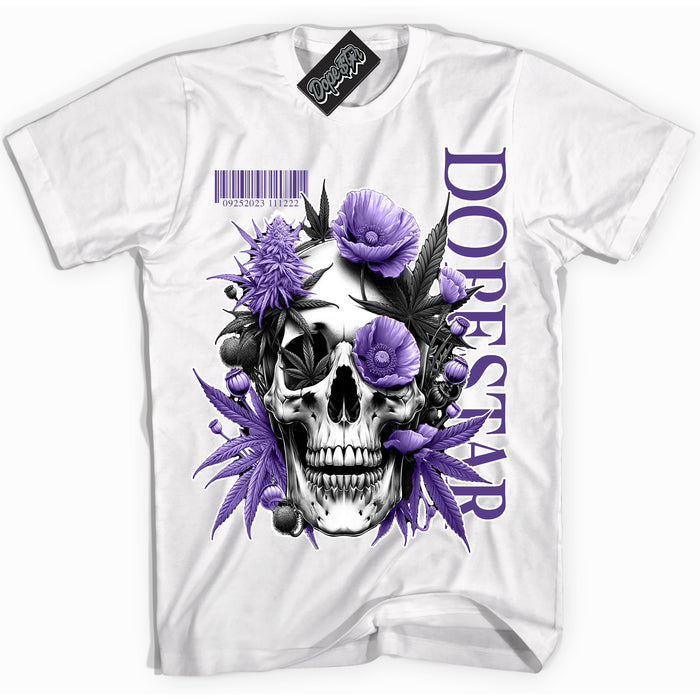 Cool White Shirt with “ Skull Poppies” design that perfectly matches Protro Court Purple 8s Sneakers.