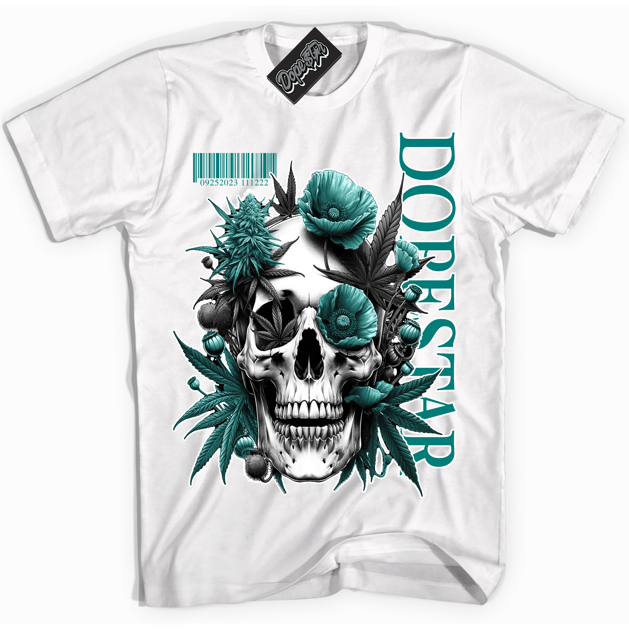 Cool White Shirt with “ Skull Poppies” design that perfectly matches Protro Radiant Emerald 8s Sneakers.