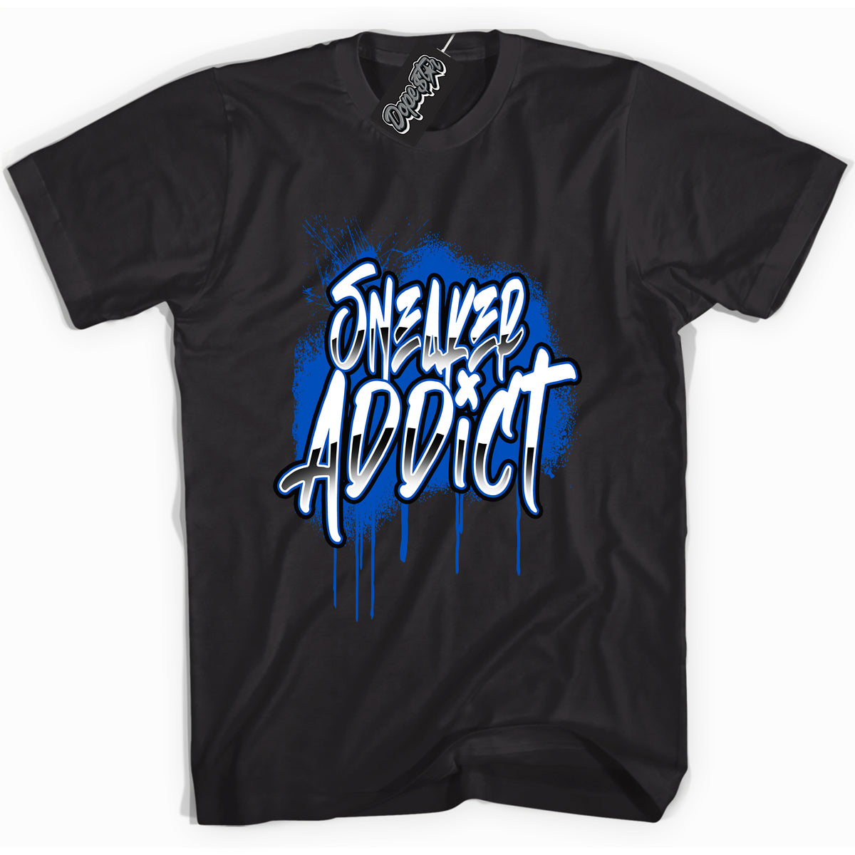 Cool Black graphic tee with Sneaker Addict design, that perfectly matches Royal Reimagined 1s sneakers 