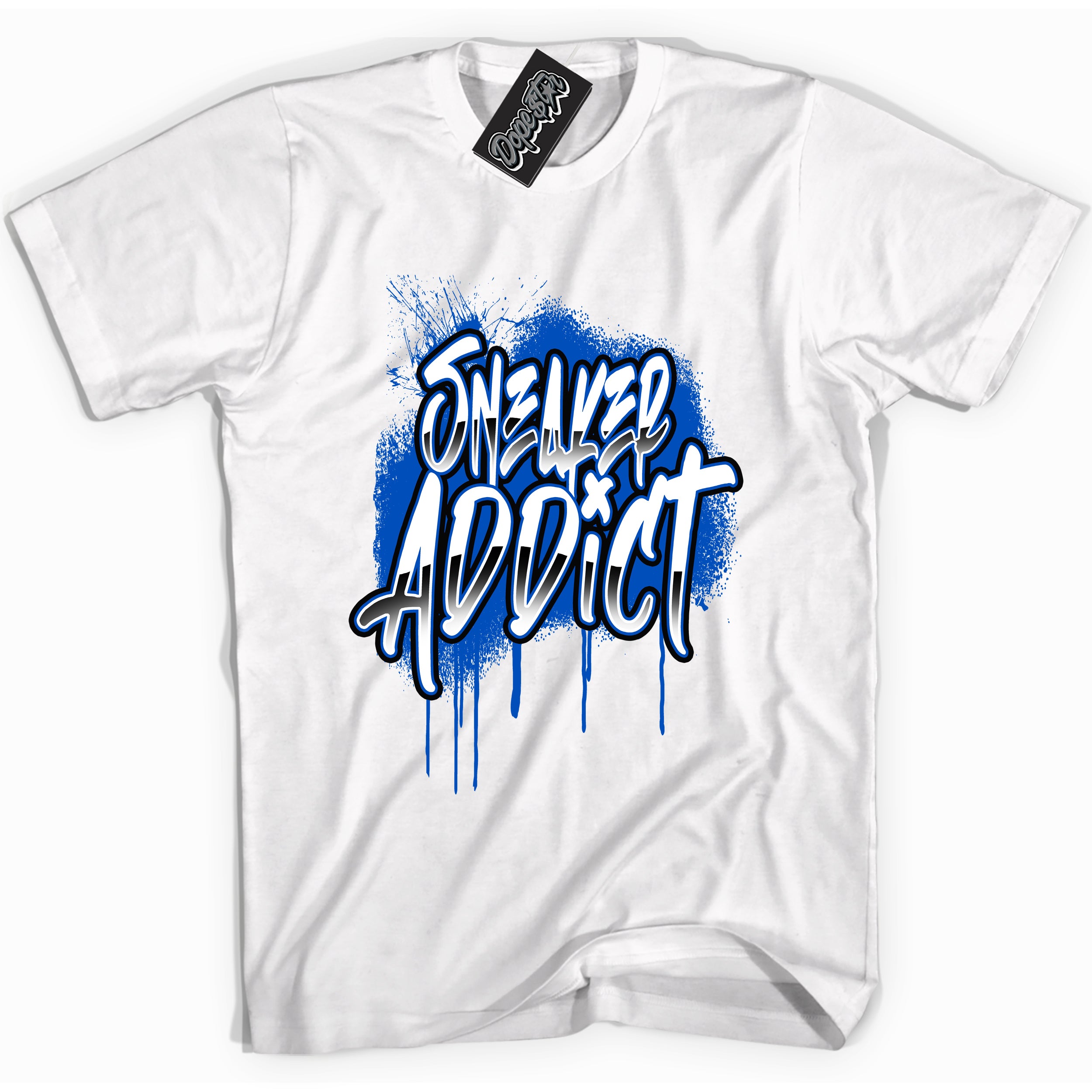 Cool White graphic tee with Sneaker Addict design, that perfectly matches Royal Reimagined 1s sneakers 