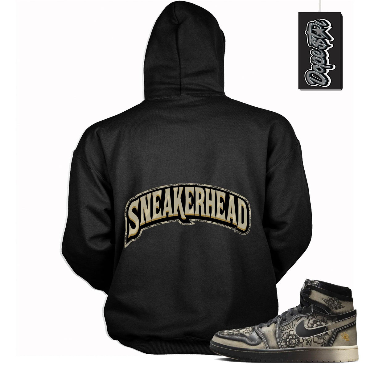 Cool Black graphic tee with “ Sneaker Head ” print, that perfectly matches Air Jordan 1 High Zoom Comfort 2 Dia de Black and Pale Ivory sneakers 