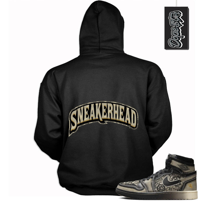 Cool Black graphic tee with “ Sneaker Head ” print, that perfectly matches Air Jordan 1 High Zoom Comfort 2 Dia de Black and Pale Ivory sneakers 