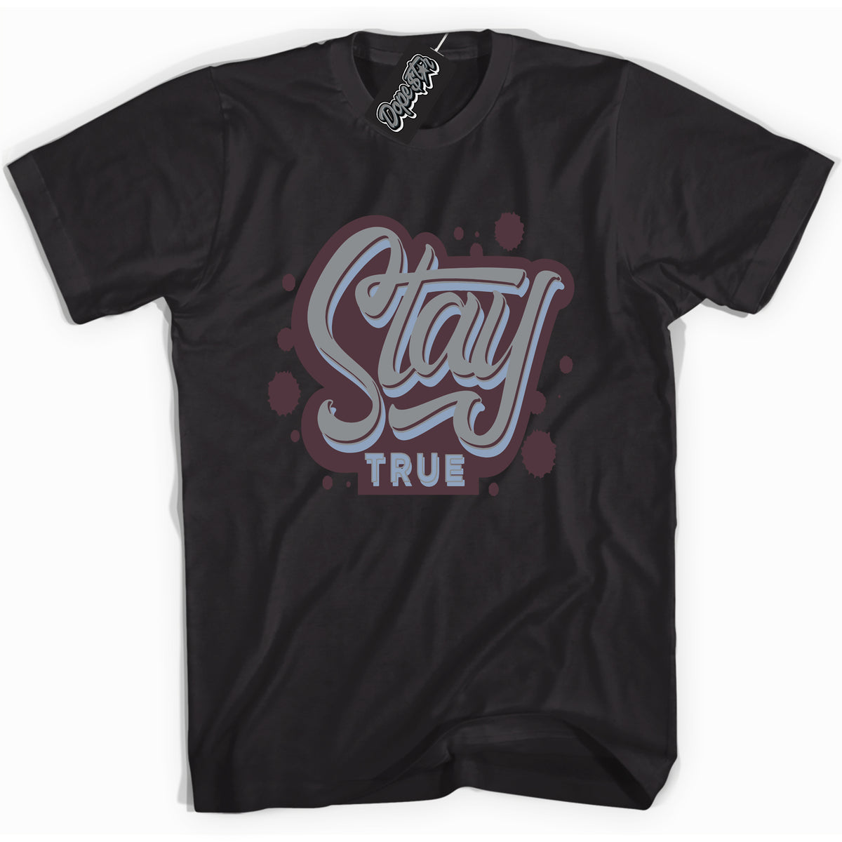 Cool Black Shirt with “ Stay True” design that perfectly matches Burgundy 5s Sneakers.
