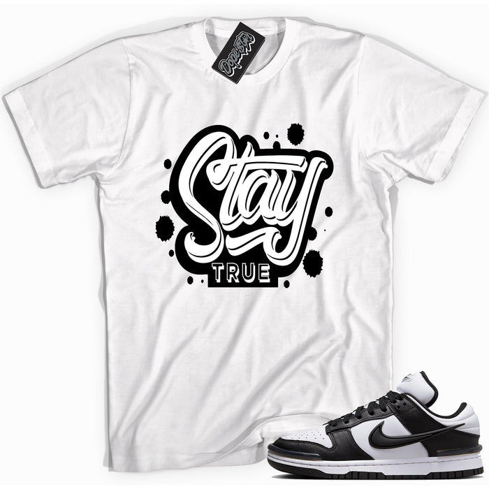 Cool white graphic tee with 'stay true' print, that perfectly matches Nike Dunk Low Twist Panda sneakers.