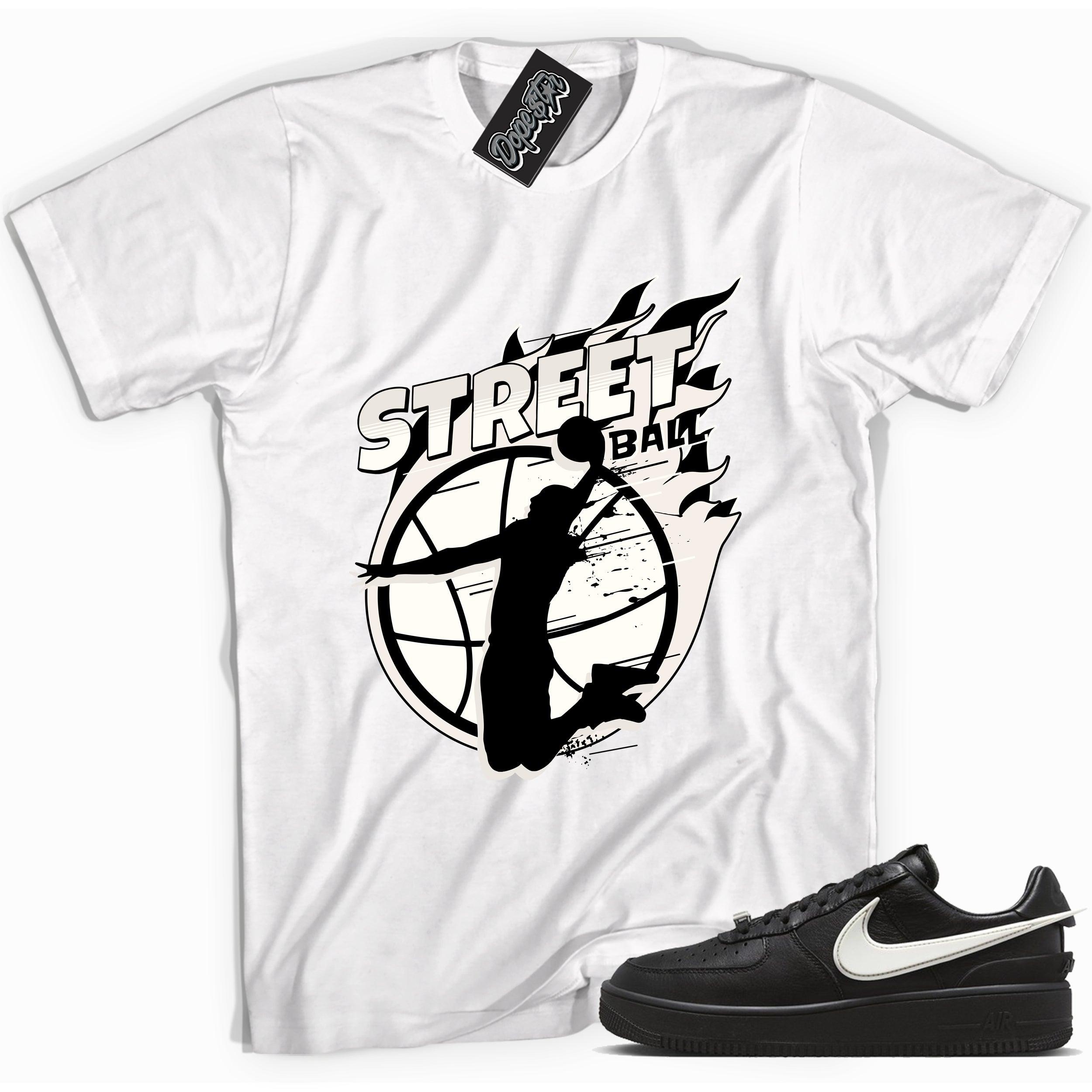 Cool white graphic tee with 'street ball' print, that perfectly matches Nike Air Force 1 Low SP Ambush Phantom sneakers.
