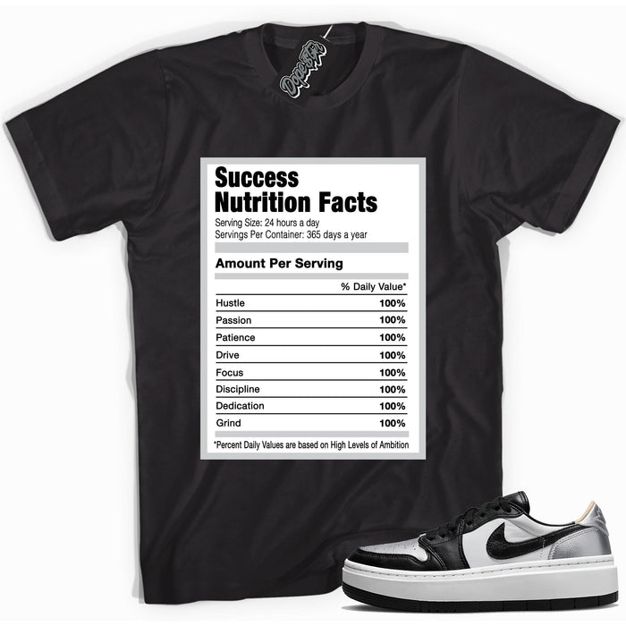 Cool black graphic tee with 'success nutrition facts' print, that perfectly matches Air Jordan 1 Elevate Low SE Silver Toe sneakers.