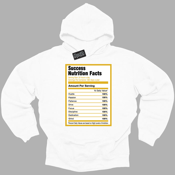 Cool White Hoodie with “ Success Nutrition ”  design that Perfectly Matches Yellow Ochre 6s Sneakers.