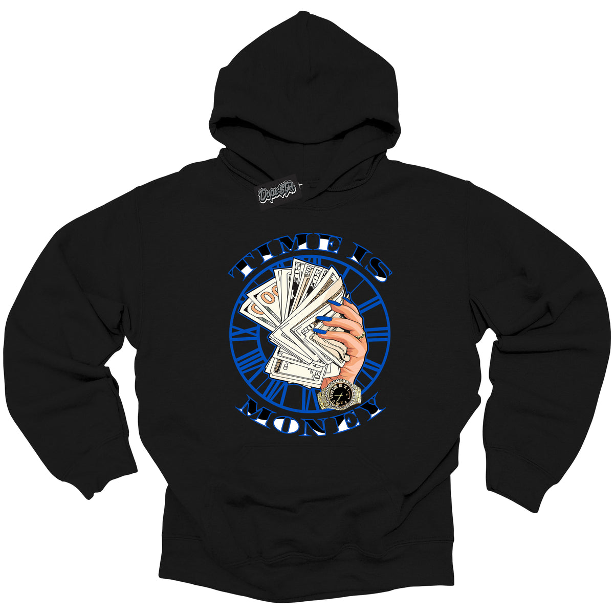 Cool Black Hoodie with “ Time Is Money ”  design that Perfectly Matches  Royal Reimagined 1s Sneakers.