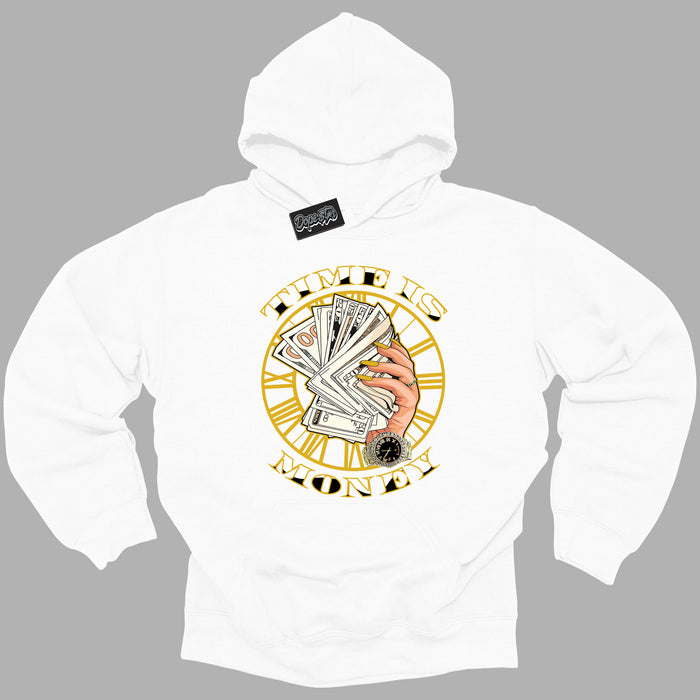Cool White Hoodie with “Time is Money ”  design that Perfectly Matches Yellow Ochre 6s Sneakers.