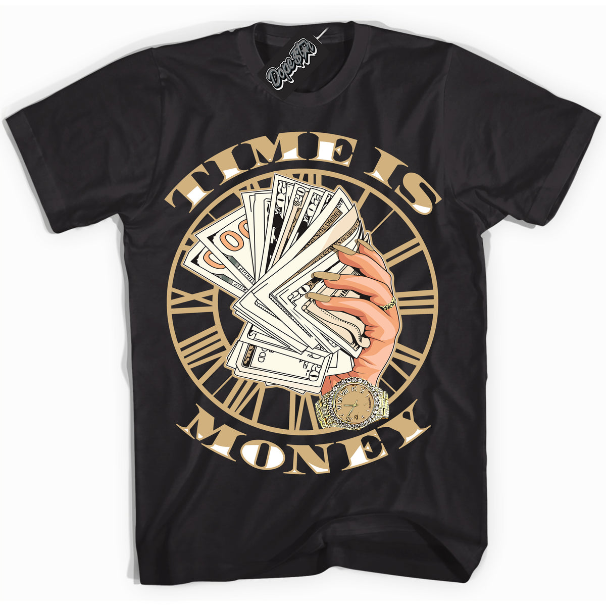 Jordan MVP White Metallic Gold ‘Time Is Money’ – Black Streetwear T-Shirt | Sneaker Matching shirt for Jordan MVP White Metallic Gold | Men's and Women's Streetwear Graphic Tee by Sneaker Shirts Outlet.
