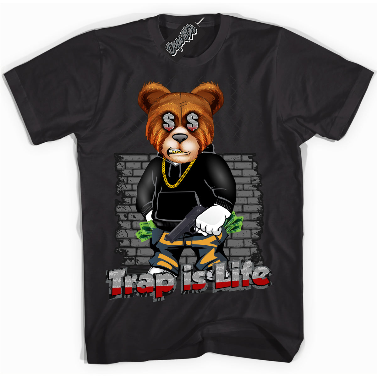 Cool Black Shirt with “ Trap Is Life ” design that perfectly matches Rebellionaire 1s Sneakers.