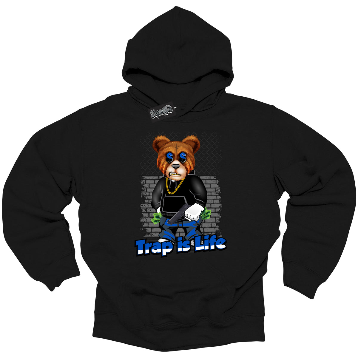 Cool Black Hoodie with “ Trap Is Life ”  design that Perfectly Matches  Royal Reimagined 1s Sneakers.