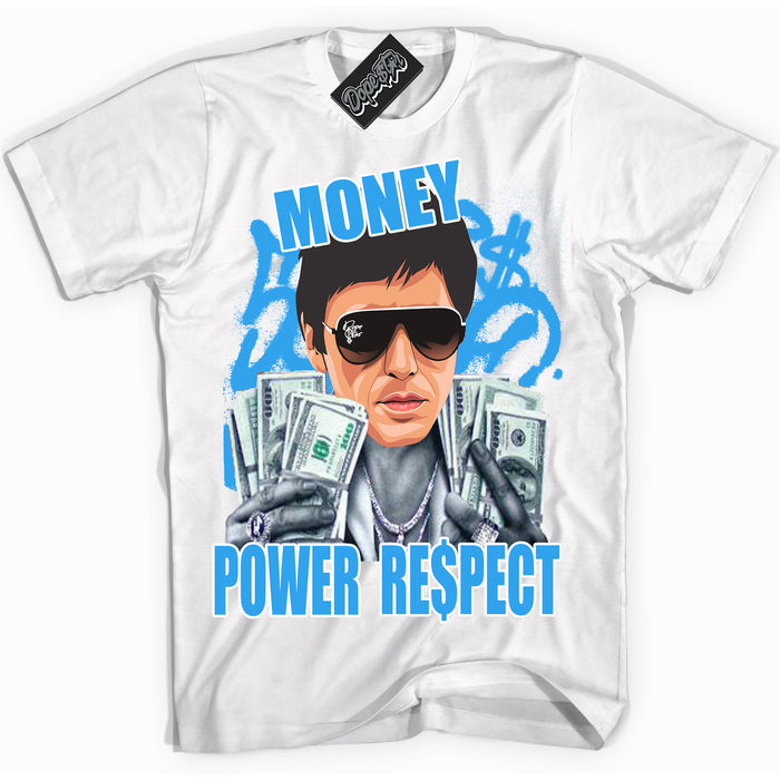 Cool White graphic tee with “ Tony Montana ” design, that perfectly matches Powder Blue 9s sneakers 