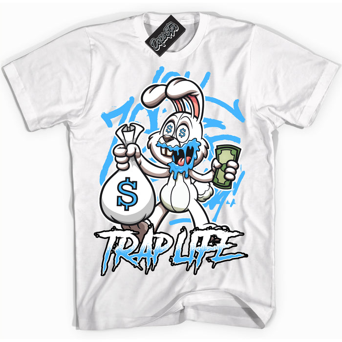 Cool White graphic tee with “ Trap Rabbit ” design, that perfectly matches Powder Blue 9s sneakers 