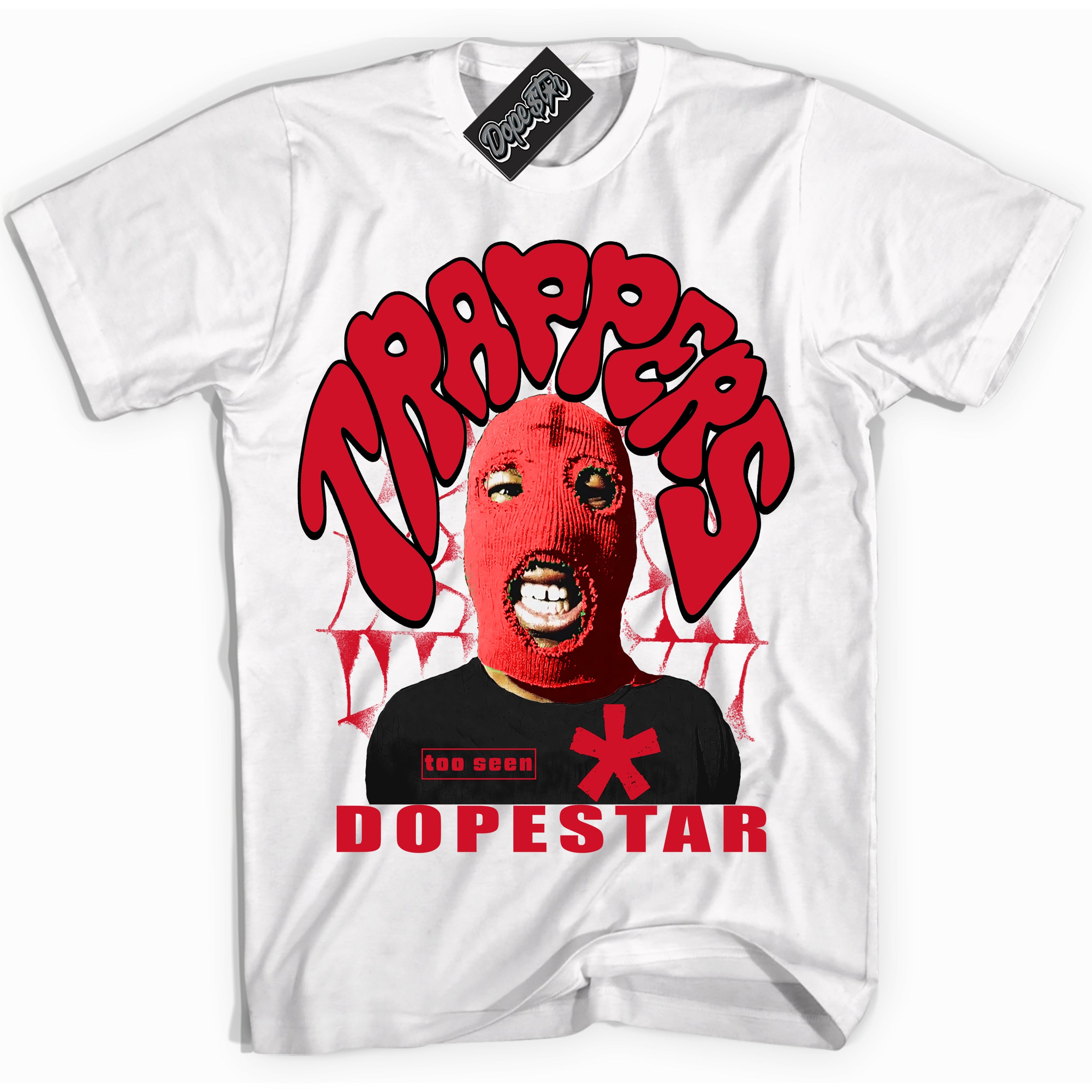 White “Trappers” T-shirt by Dope Star Brand®, styled to match Bred 1s sneakers