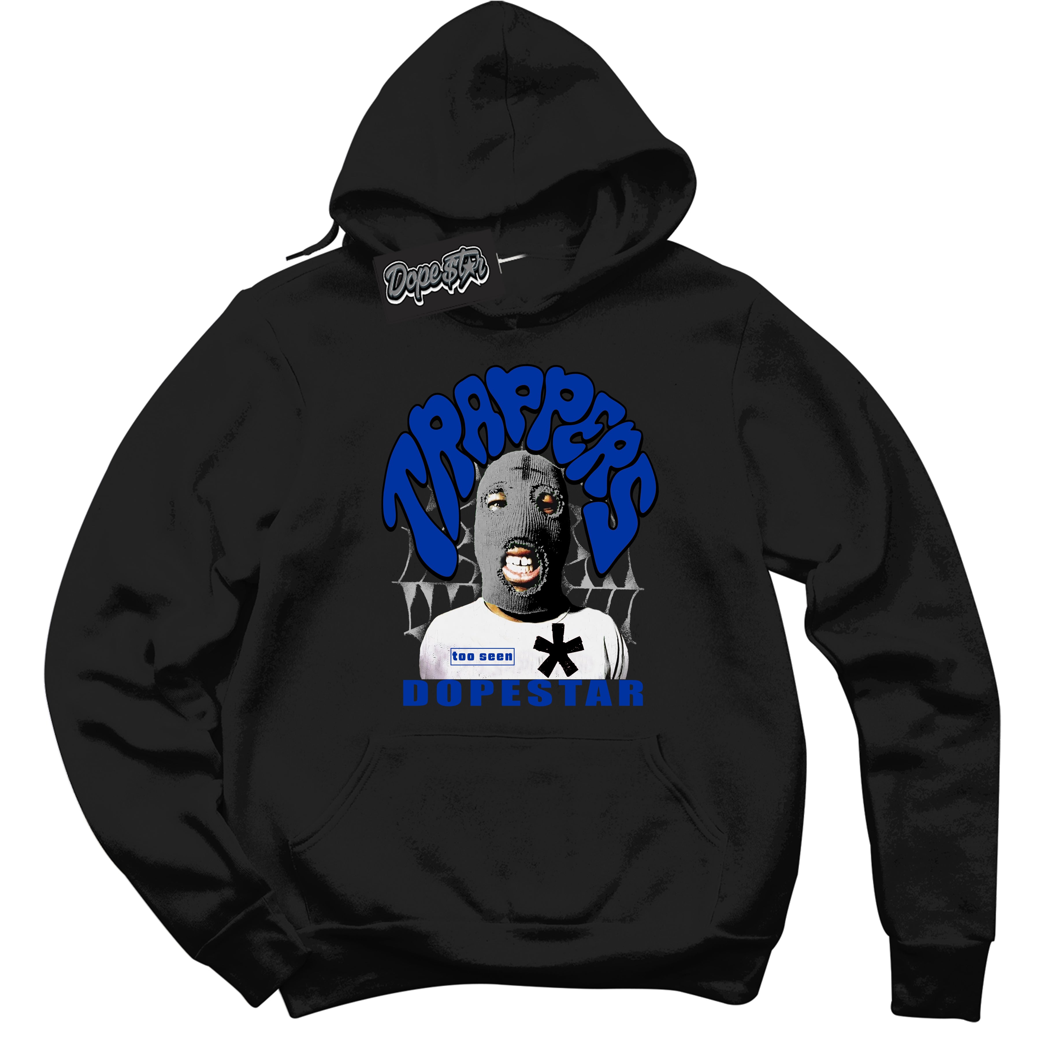 Black “Trappers” Hoodie by Dope Star Brand®, styled to match Deep Royal Blue 1s sneakers

