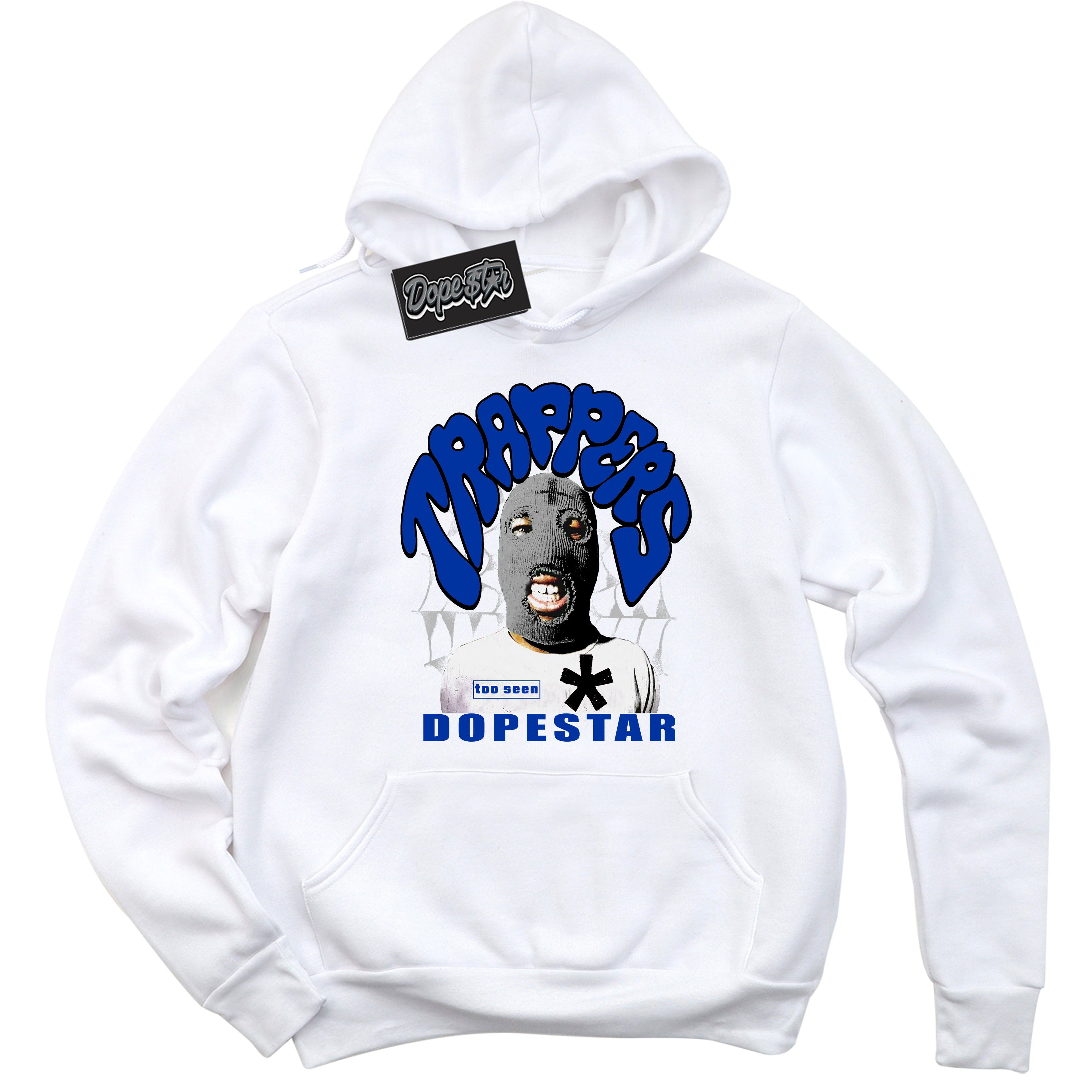 White “Trappers” Hoodie by Dope Star Brand®, styled to match Deep Royal Blue 1s sneakers
