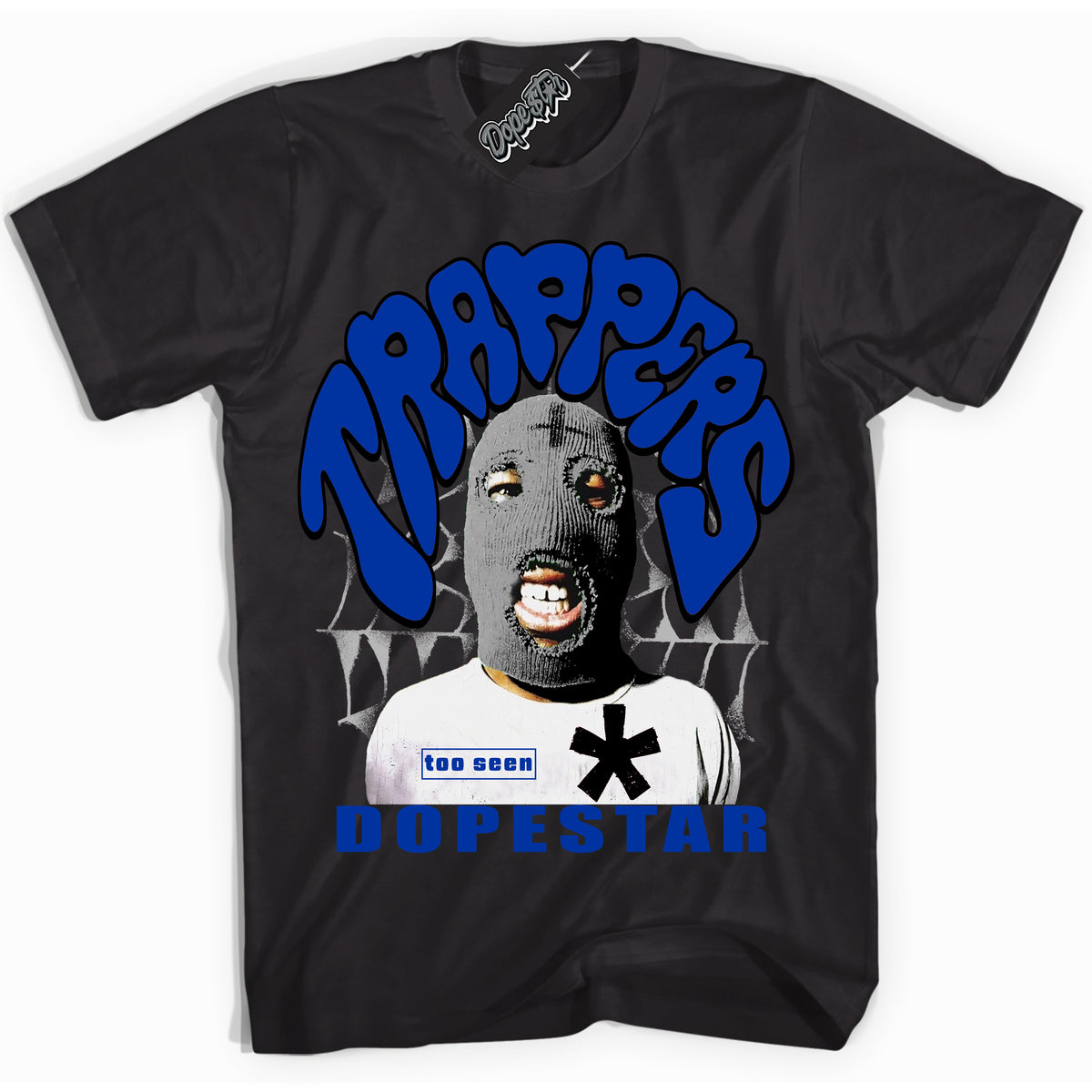 Black “Trappers” T-shirt by Dope Star Brand®, styled to match Deep Royal Blue 1s sneakers

