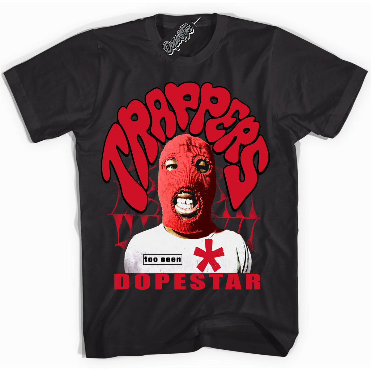 Black “Trappers” T-shirt by Dope Star Brand®, styled to match Black Toe 1s sneakers