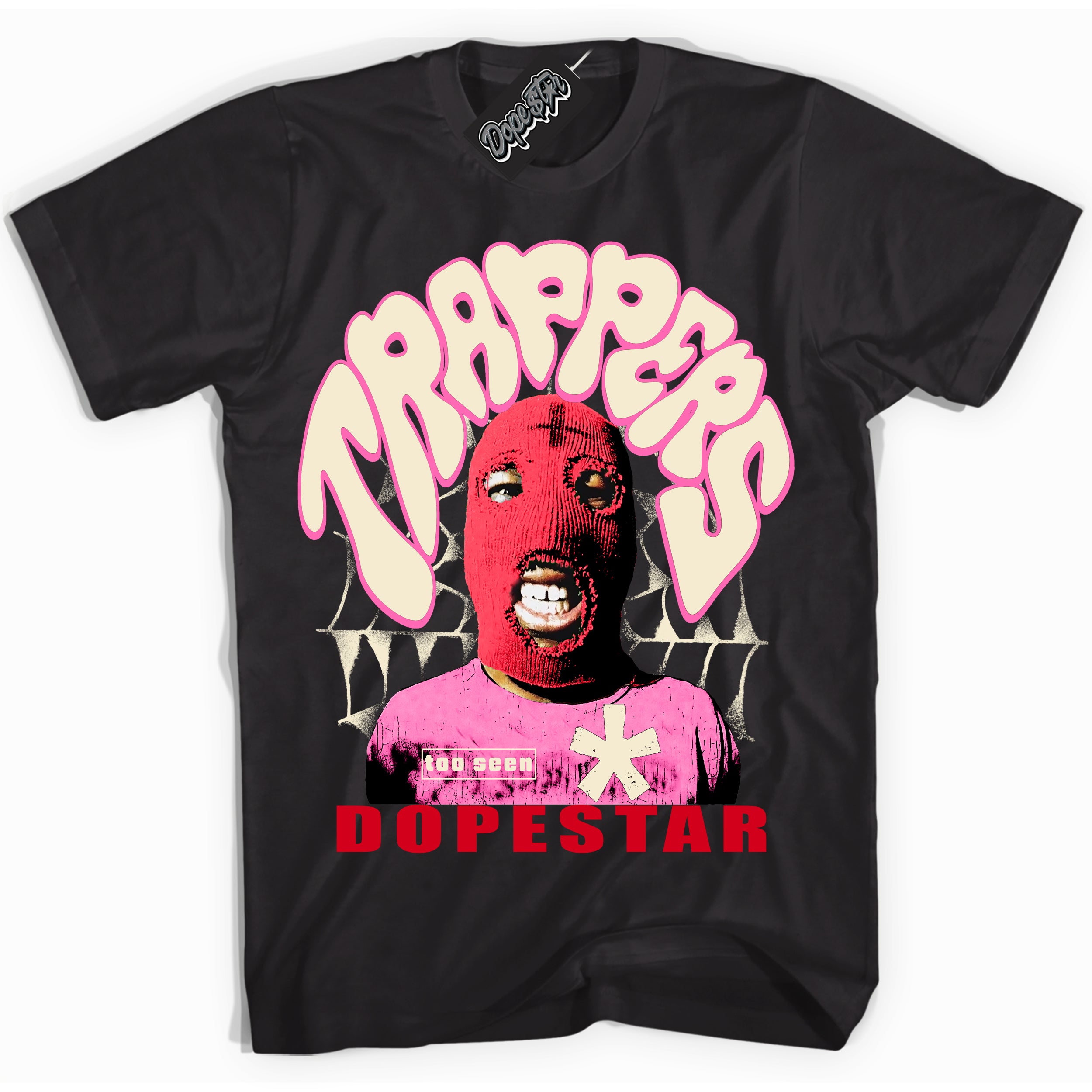 Black “Trappers” T-shirt by Dope Star Brand®, styled to match Pink Satin 1s sneakers
