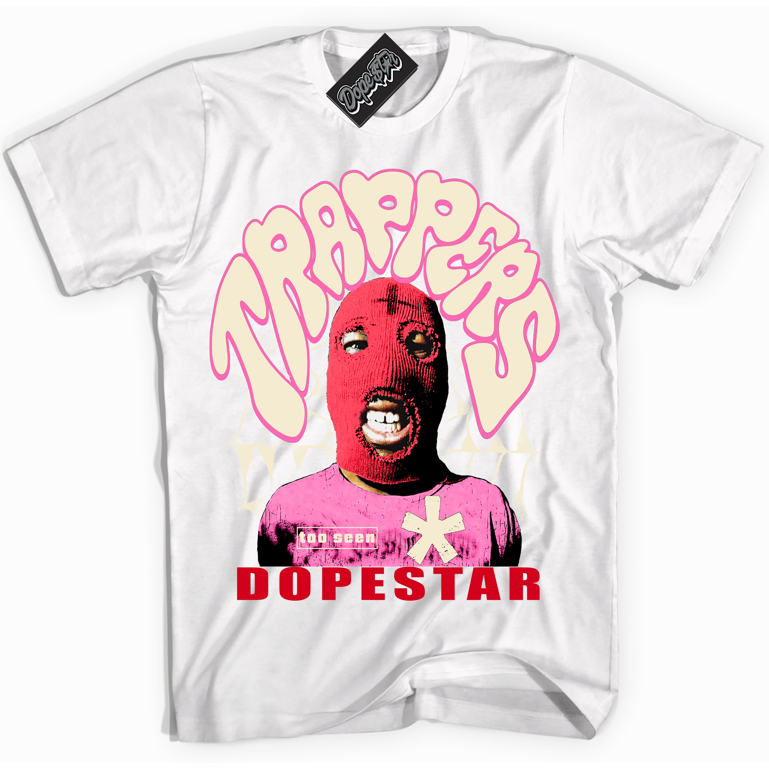 White “Trappers” T-shirt by Dope Star Brand®, styled to match Pink Satin 1s sneakers
