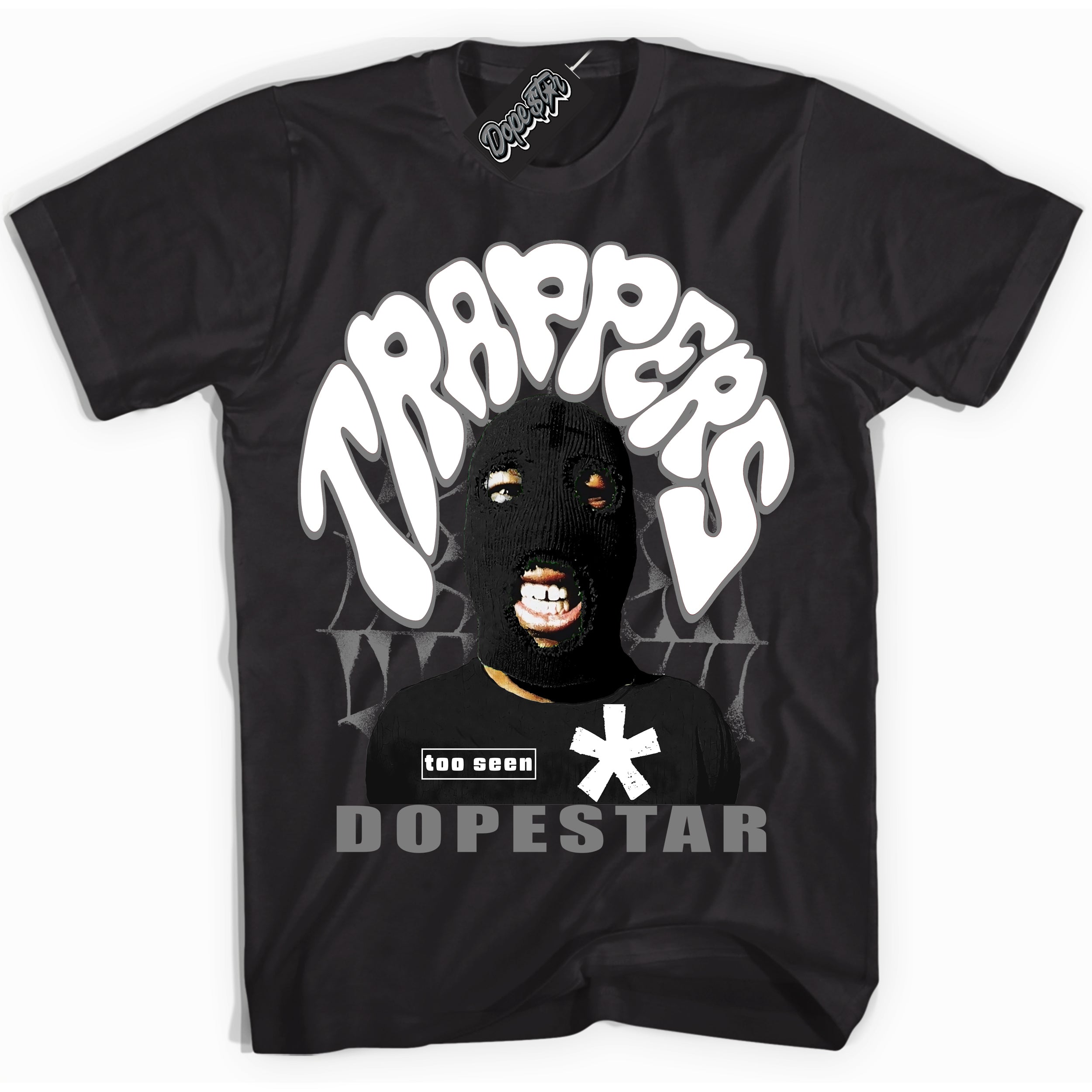 Black “Trappers” T-shirt by Dope Star Brand®, styled to match Shadow 1s sneakers