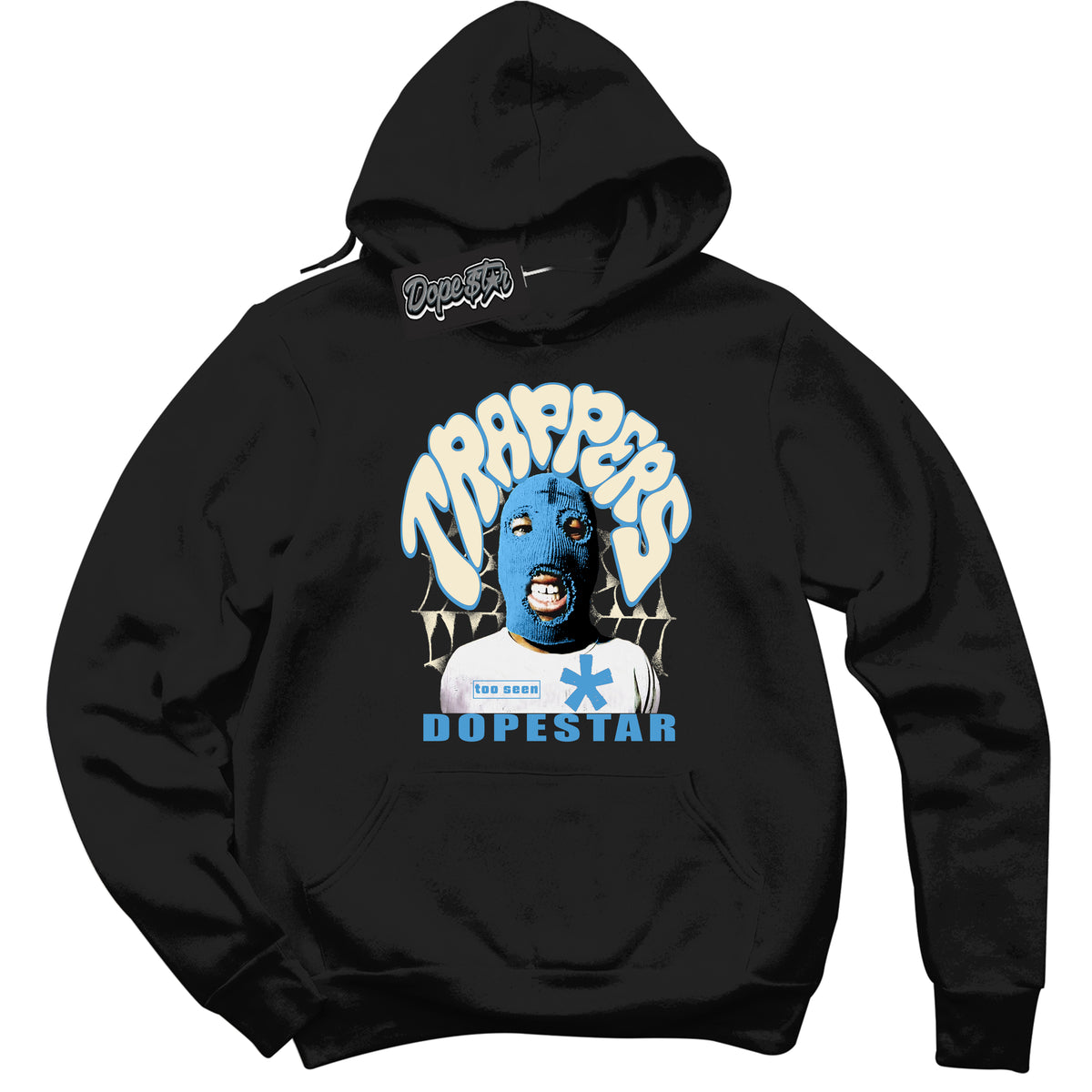 Black “Trappers” Hoodie by Dope Star Brand®, styled to match UNC Reimagined 1s sneakers
