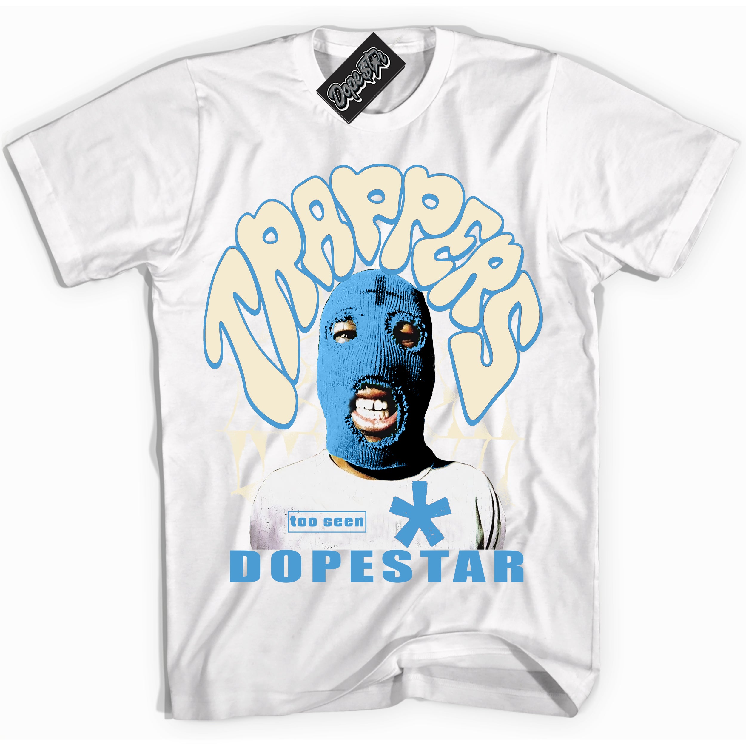 White “Trappers” T-shirt by Dope Star Brand®, styled to match UNC Reimagined 1s sneakers