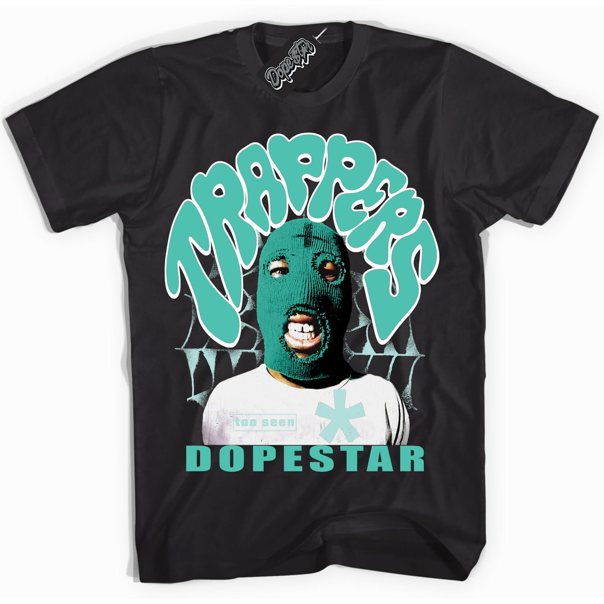 Black “Trappers” T-shirt by Dope Star Brand®, styled to match Washed Teal 1s sneakers