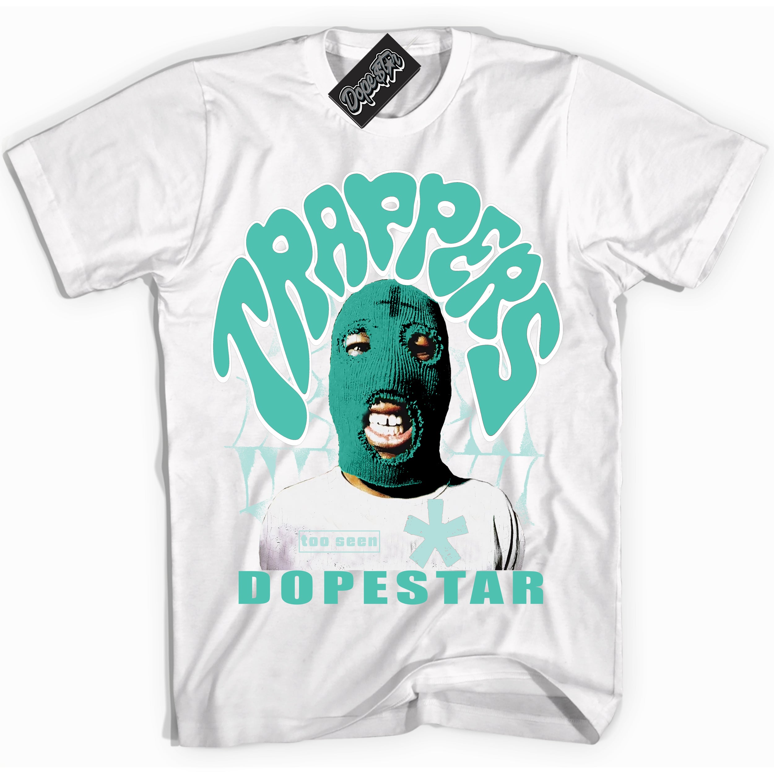 White “Trappers” T-shirt by Dope Star Brand®, styled to match Washed Teal 1s sneakers