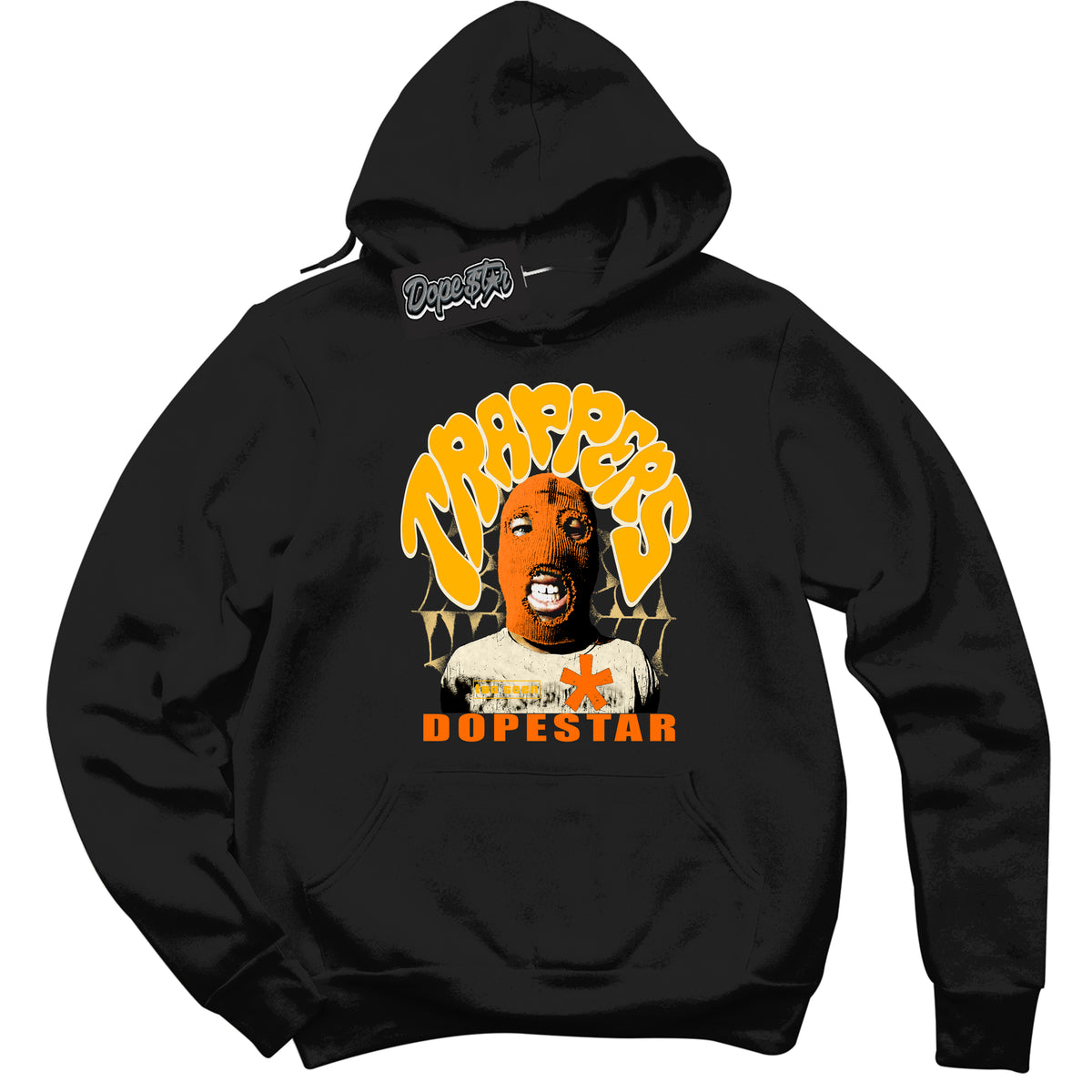 Black “Trappers” Hoodie by Dope Star Brand®, styled to match Saturn Gold Dunk sneakers

