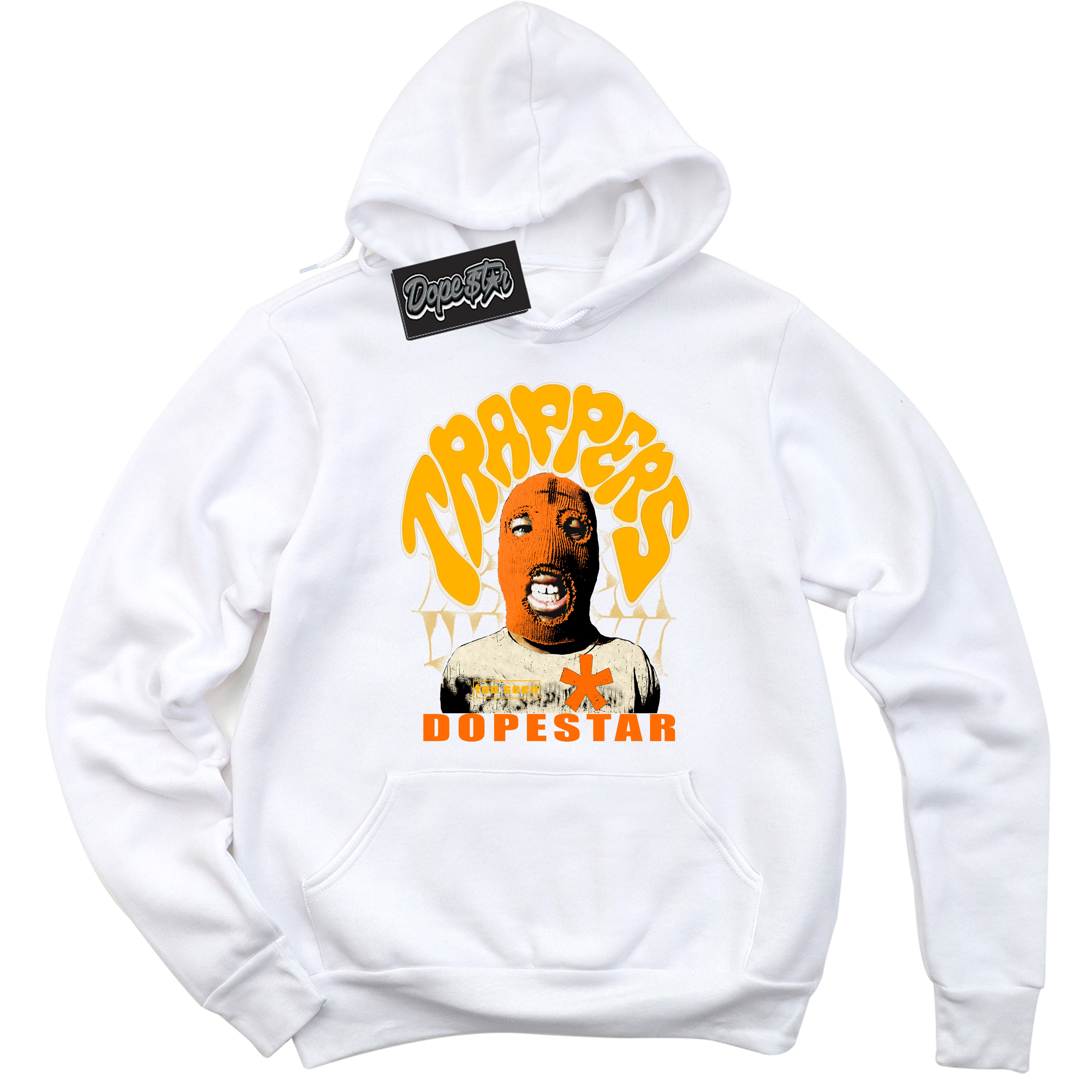 White “Trappers” Hoodie by Dope Star Brand®, styled to match Saturn Gold Dunk sneakers
