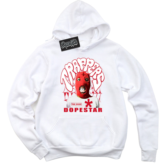 White “Trappers” Hoodie by Dope Star Brand®, styled to match University Red Dunk sneakers.