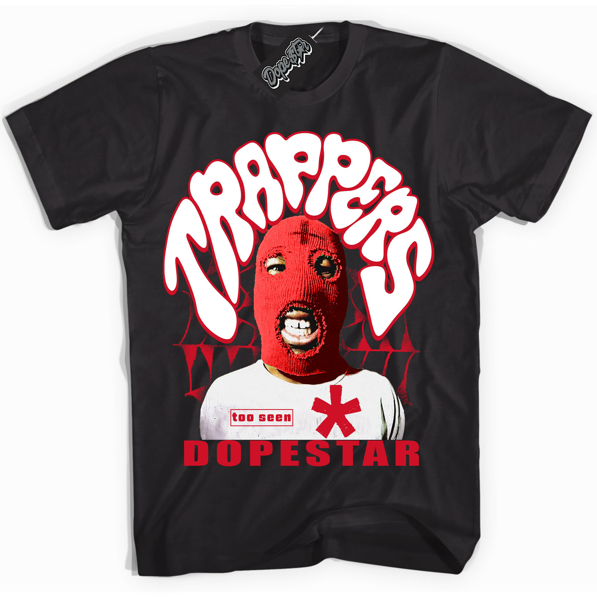 Black “Trappers” T-shirt by Dope Star Brand®, styled to match University Red Dunk sneakers