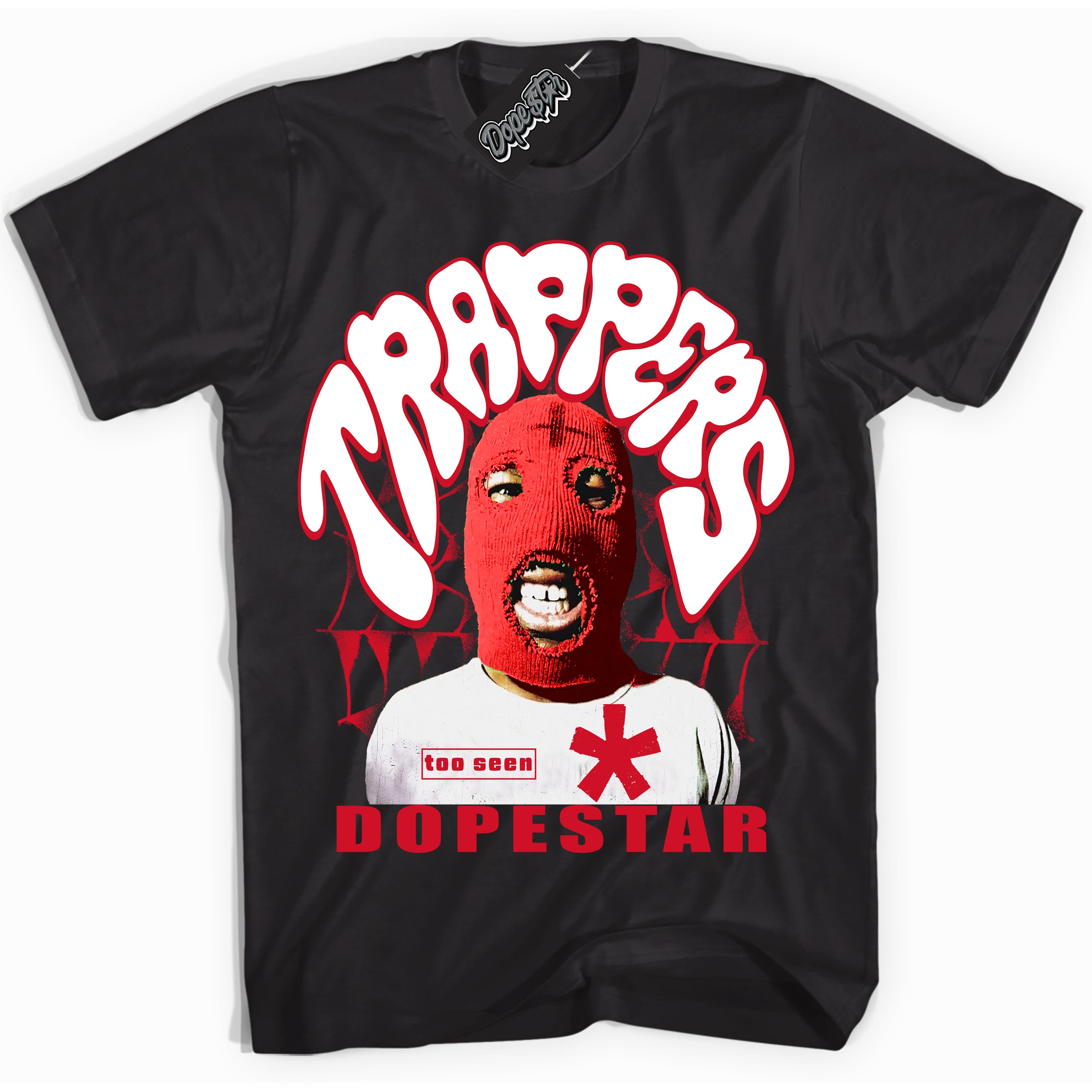 Black “Trappers” T-shirt by Dope Star Brand®, styled to match University Red Dunk sneakers