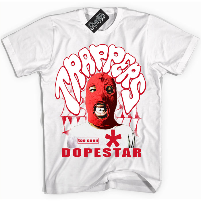 White “Trappers” T-shirt by Dope Star Brand®, styled to match University Red Dunk sneakers