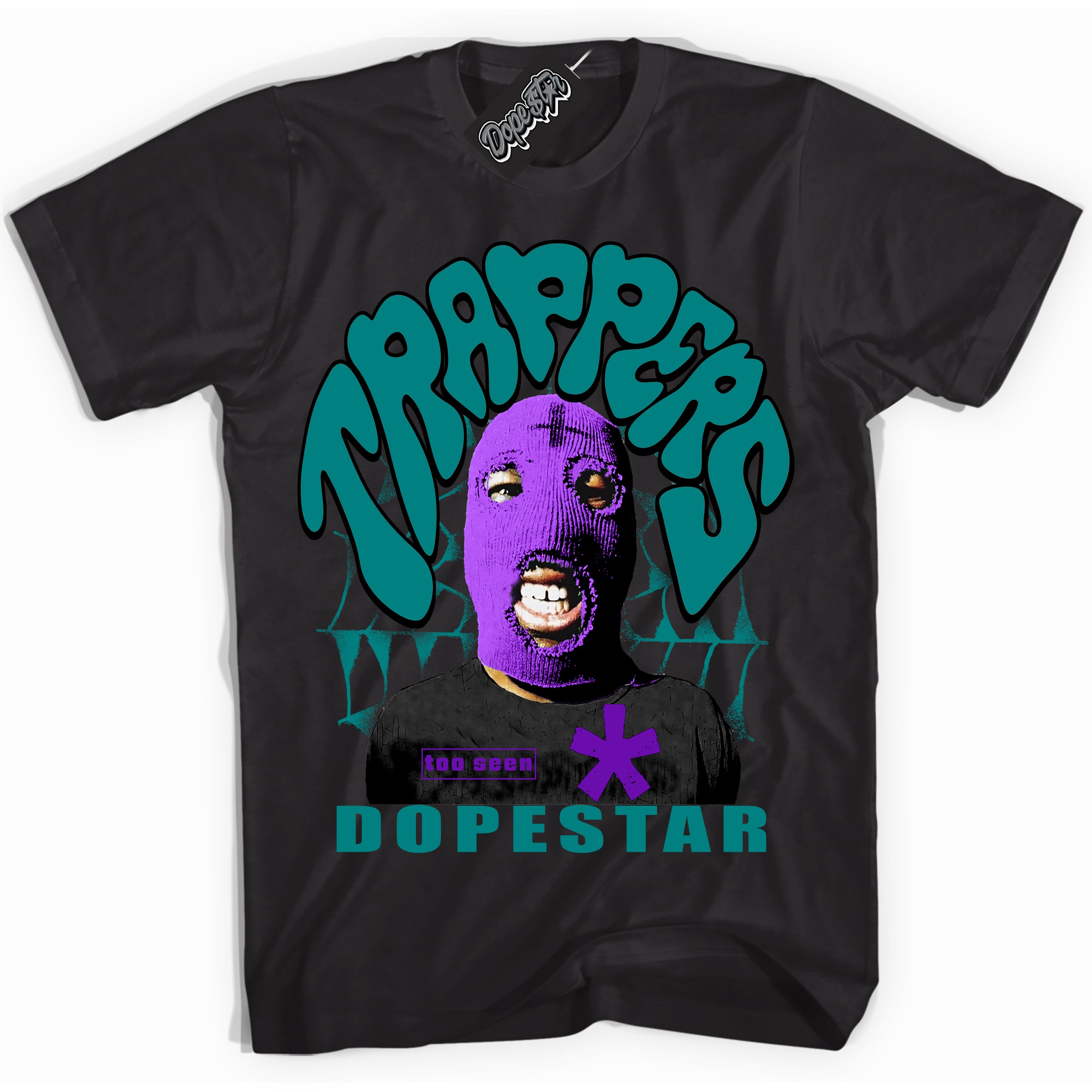 Black “Trappers” T-shirt by Dope Star Brand®, styled to match Wizard Dunk sneakers