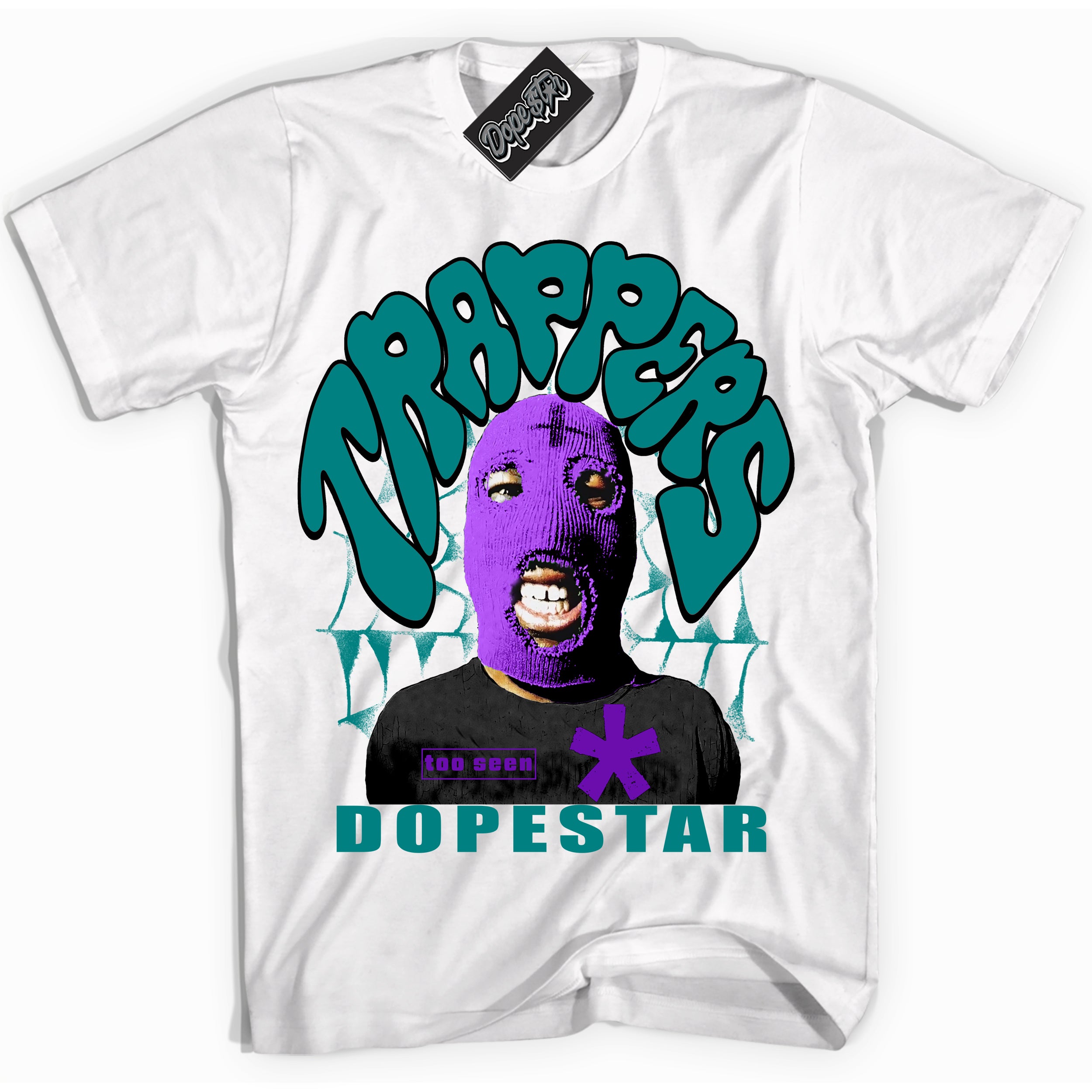 White “Trappers” T-shirt by Dope Star Brand®, styled to match Wizard Dunk sneakers