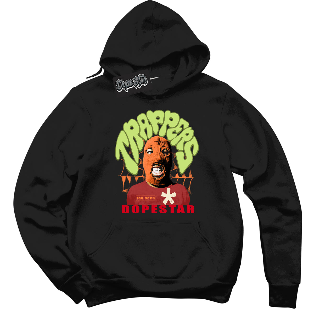 Black “Trappers” Hoodie by Dope Star Brand®, styled to match Green Curry Dunk sneakers
