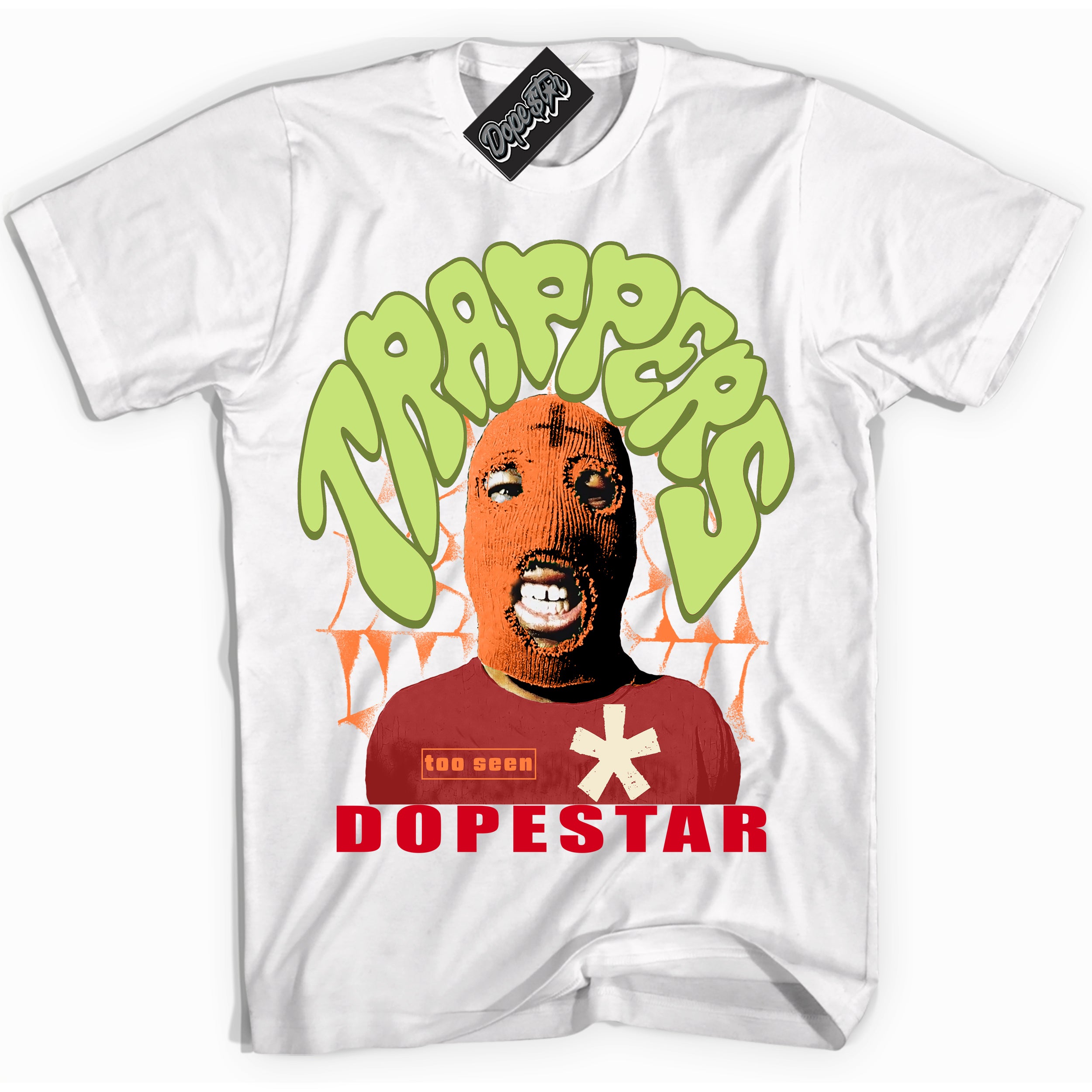 White “Trappers” T-shirt by Dope Star Brand®, styled to match Green Curry Dunk sneakers