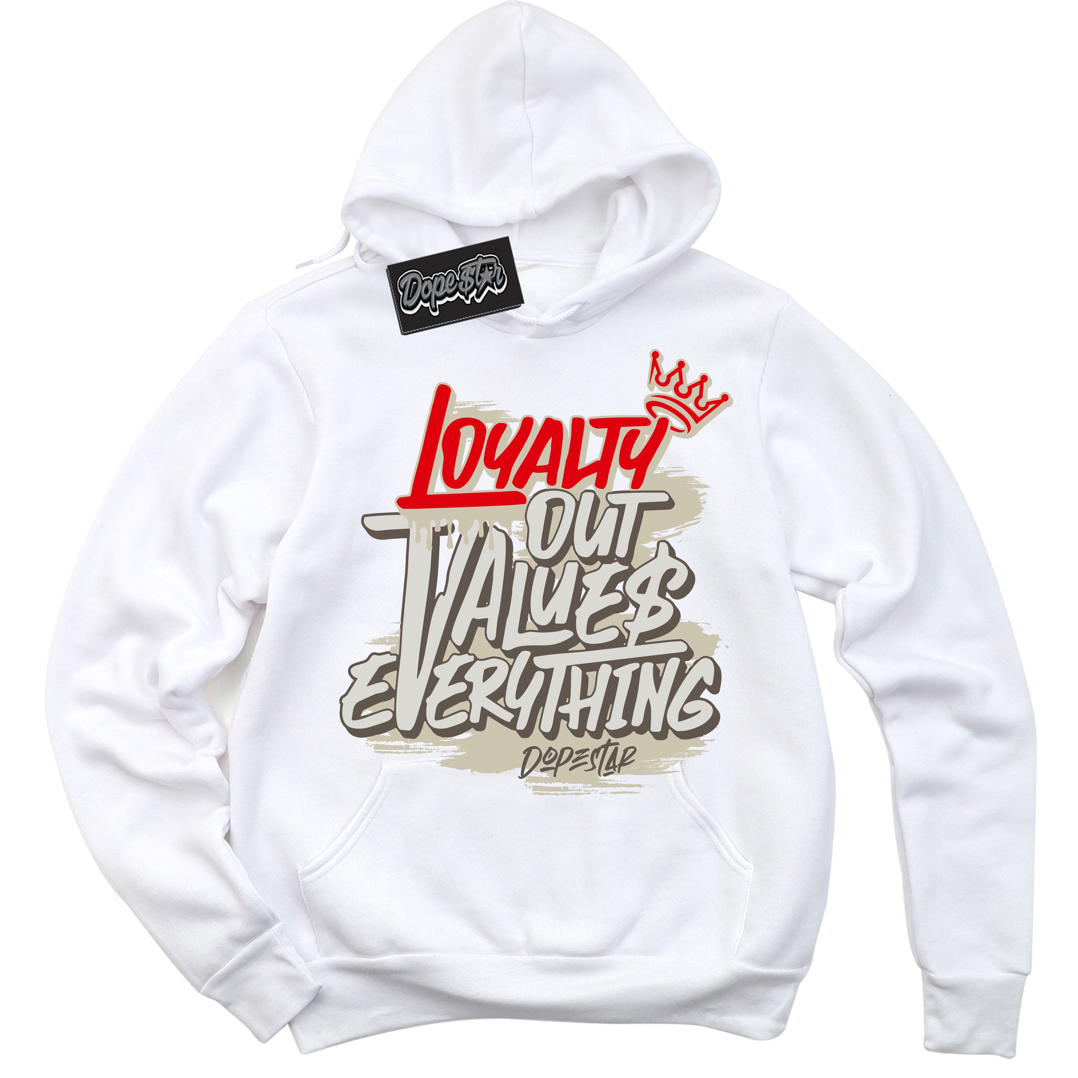 Cool White Hoodie with “ Loyalty Out Values Everything ”  design that Perfectly Matches Travis Scott Reverse Mocha 1s Sneakers.