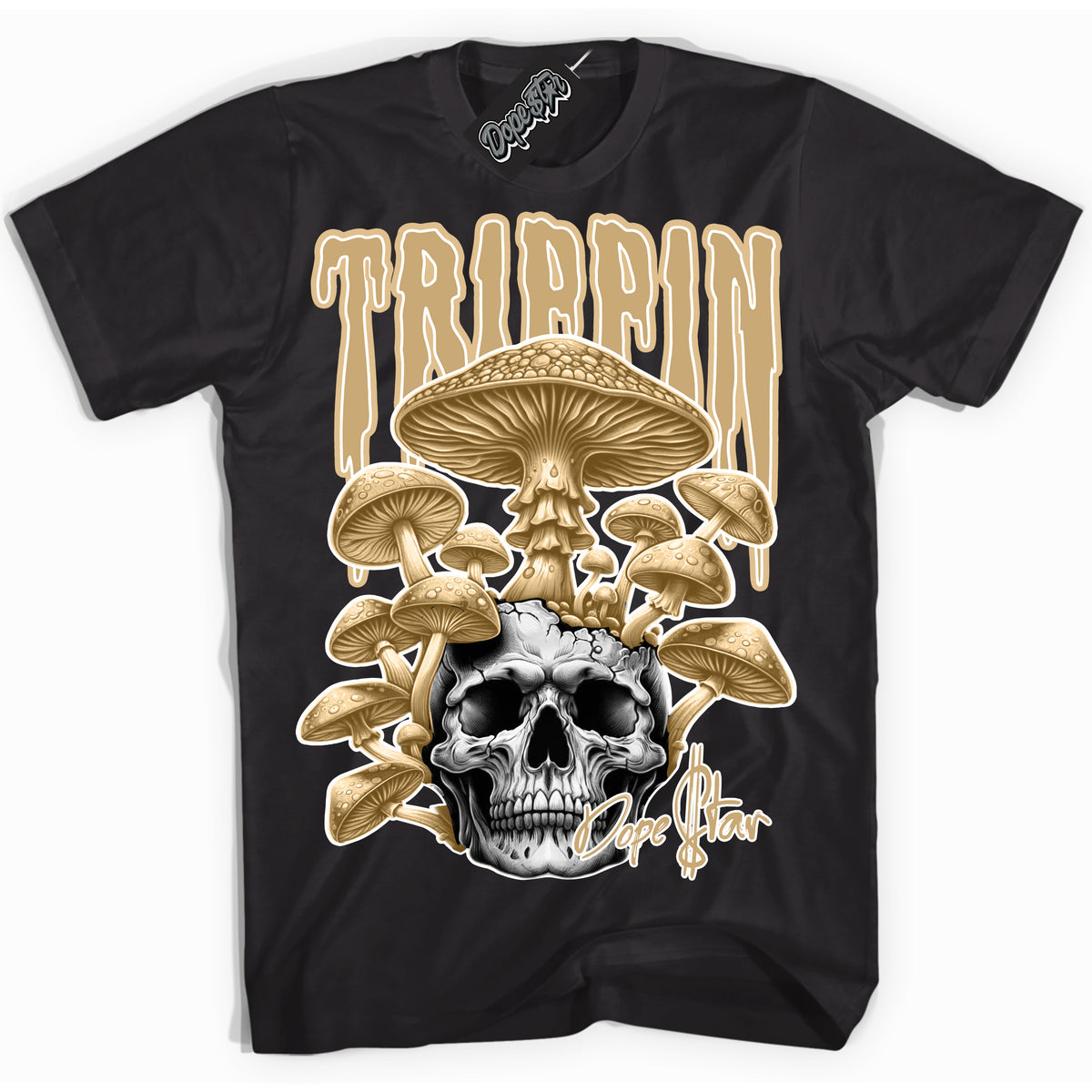 Jordan MVP White Metallic Gold ‘Trippin’ – Black Streetwear T-Shirt | Sneaker Matching shirt for Jordan MVP White Metallic Gold | Men's and Women's Streetwear Graphic Tee by Sneaker Shirts Outlet.
