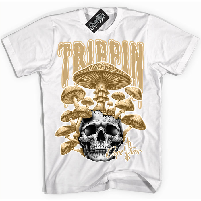 Jordan MVP White Metallic Gold ‘Trippin’ – White Streetwear T-Shirt | Sneaker Matching shirt for Jordan MVP White Metallic Gold | Men's and Women's Streetwear Graphic Tee by Sneaker Shirts Outlet.
