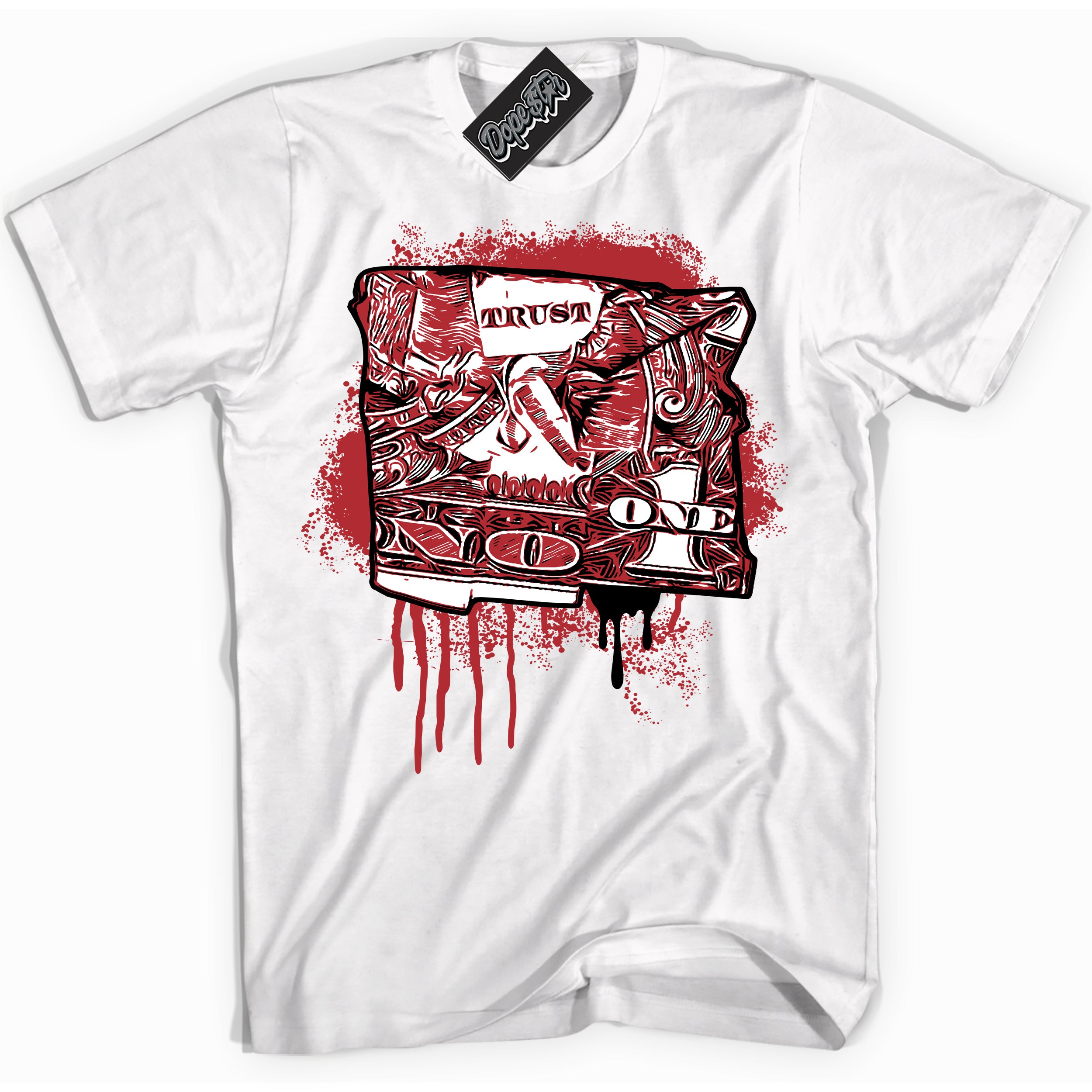 Cool White graphic tee with “ Trust No One Dollar ” print, that perfectly matches Lost And Found 1s sneakers 