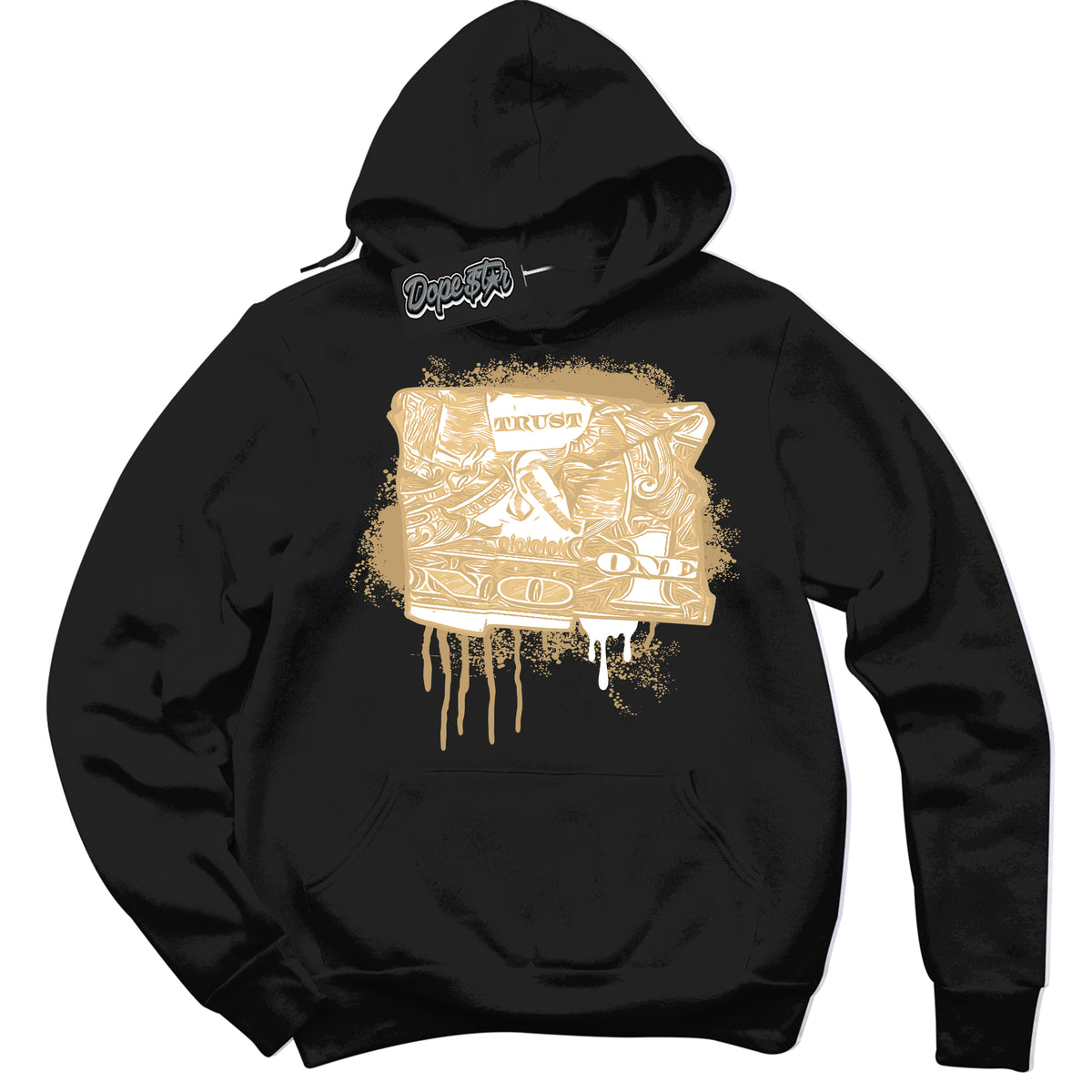 Jordan MVP White Metallic Gold ‘Trust No One Dollar’ – Black Streetwear Hoodie | Sneaker Matching sweatshirt for Jordan MVP White Metallic Gold | Men's and Women's Streetwear Graphic Hoodie by Sneaker Shirts Outlet
